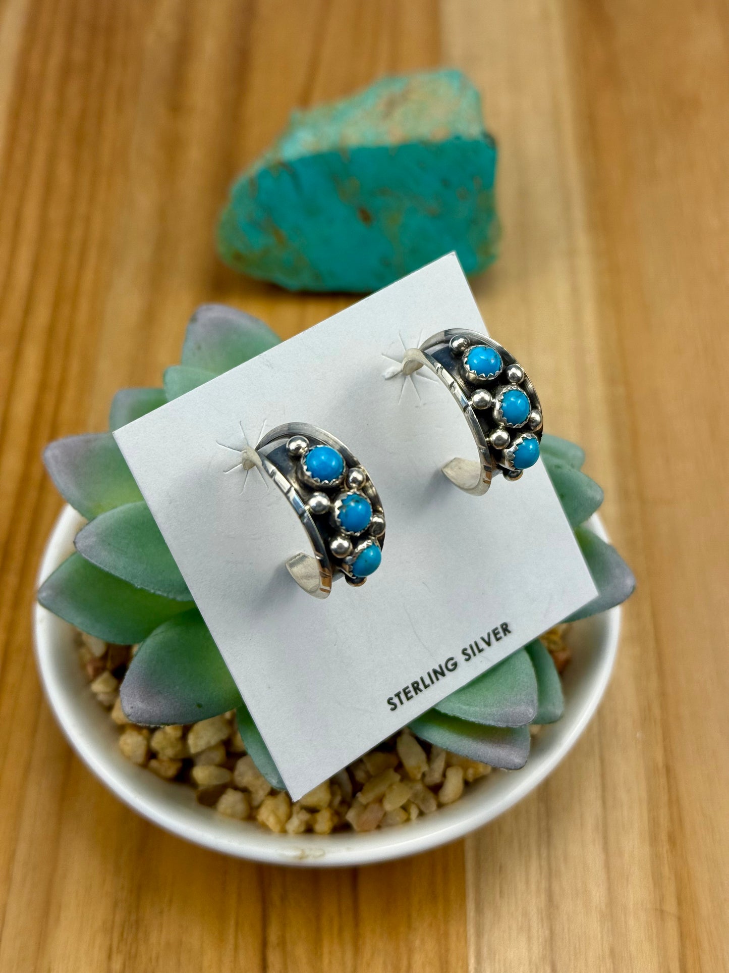 Kingman Turquoise 3 Stone Sterling Earrings
