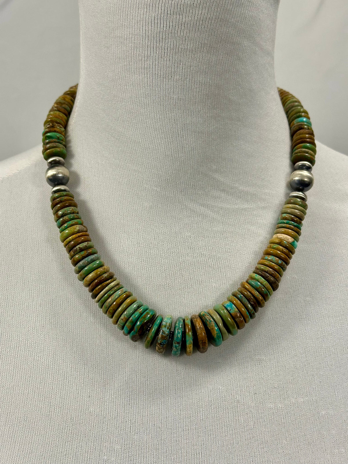 Kingman Turquoise Multi Color Disc & Sterling Silver Pearl Necklace