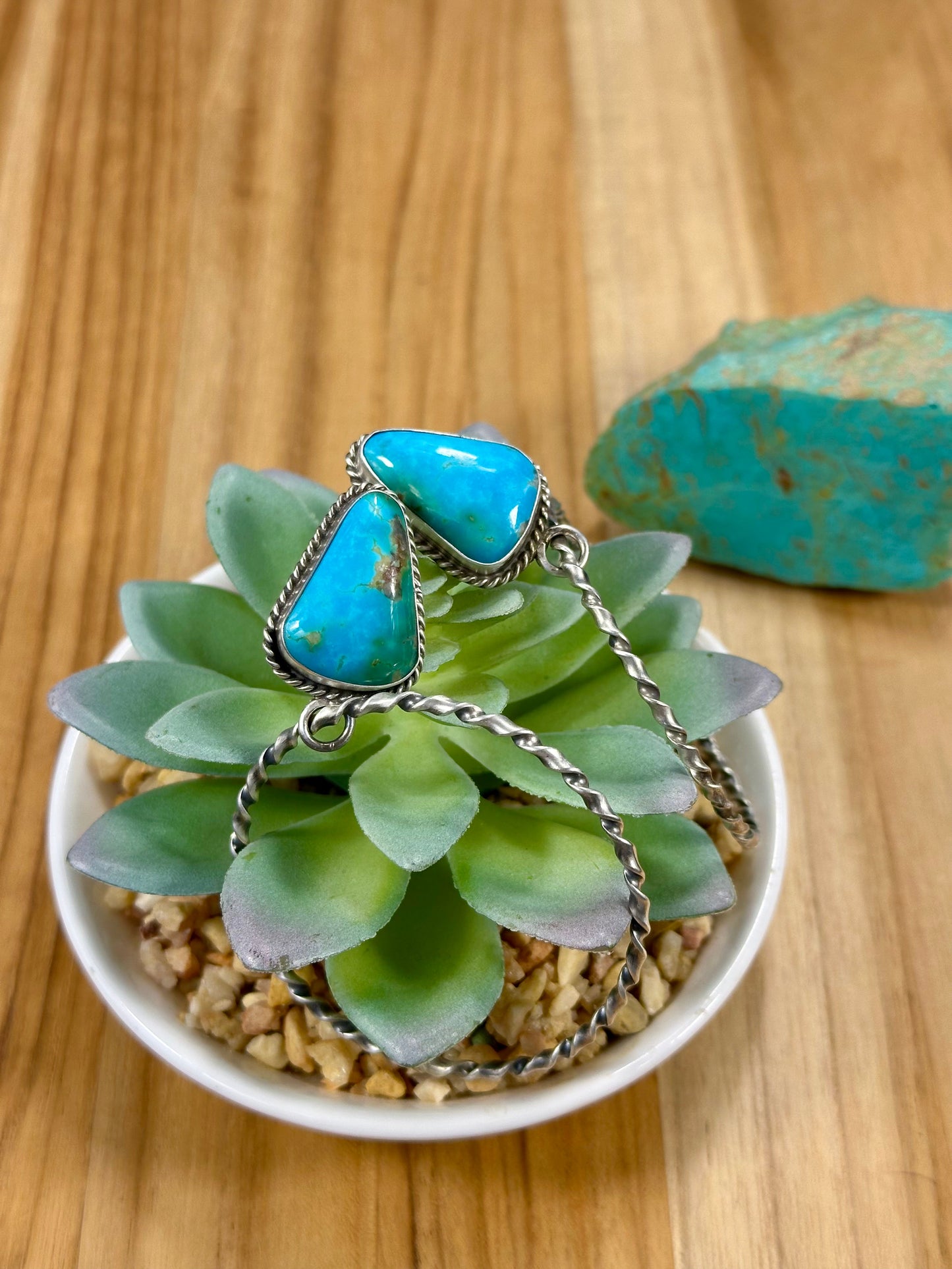 Kingman Turquoise Triangle & Sterling Silver Dangle Hoop Earrings