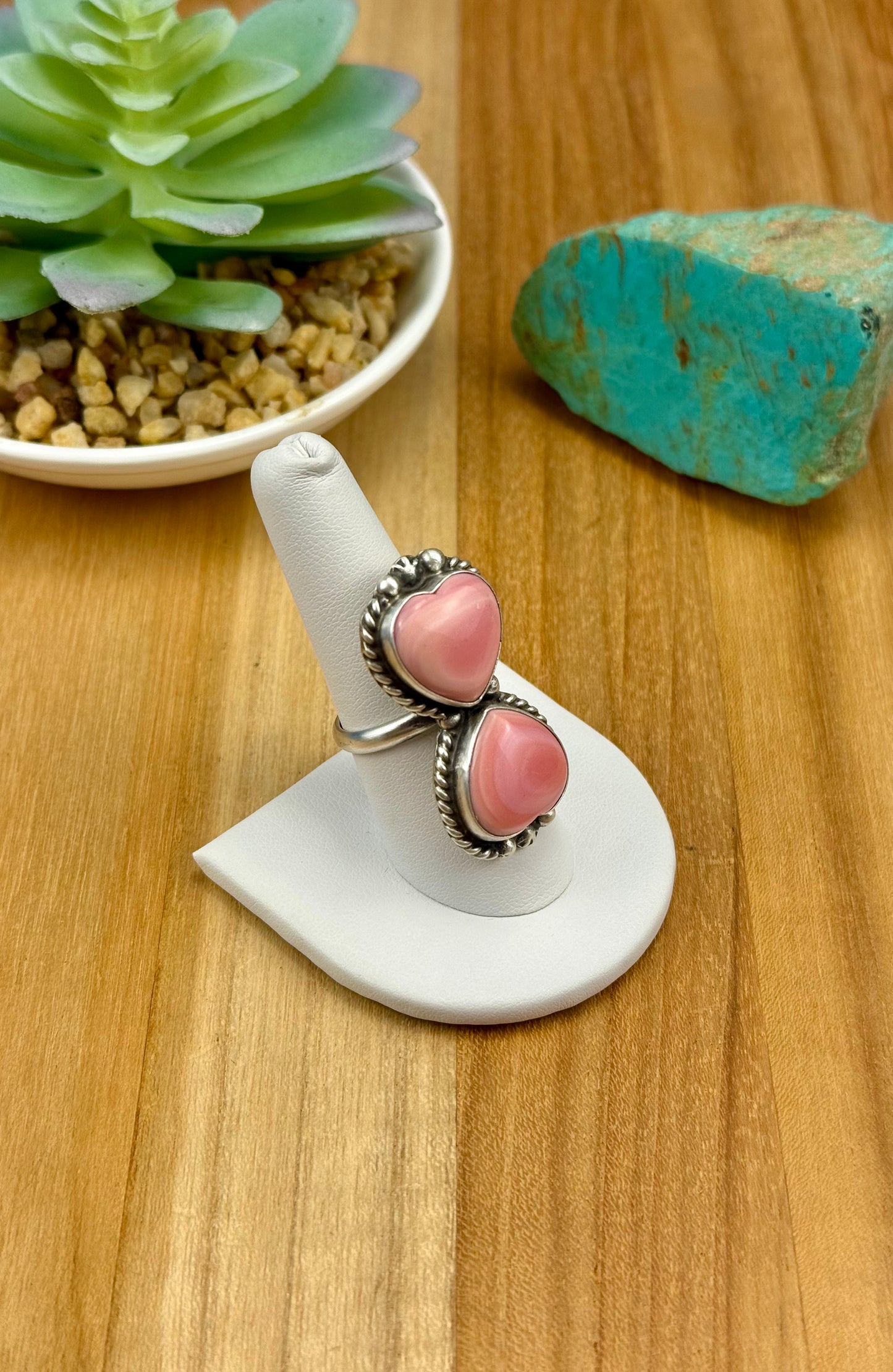 Pink Conch Heart 2 Stone Sterling Ring