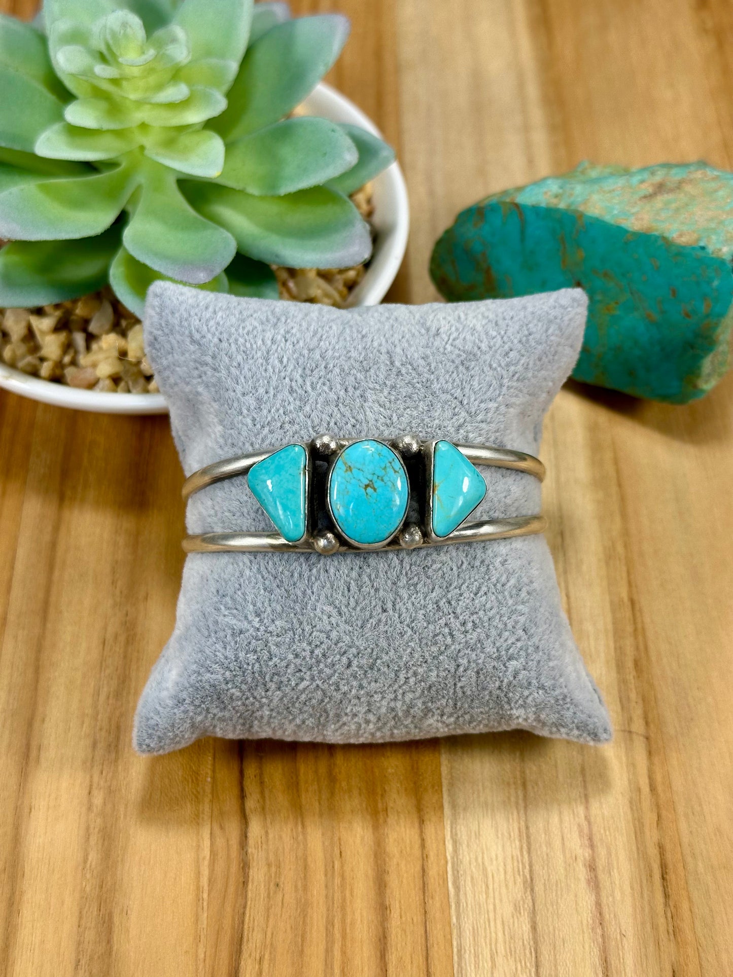 Kingman Turquoise 3 Stone Sterling Silver Cuff Bracelet