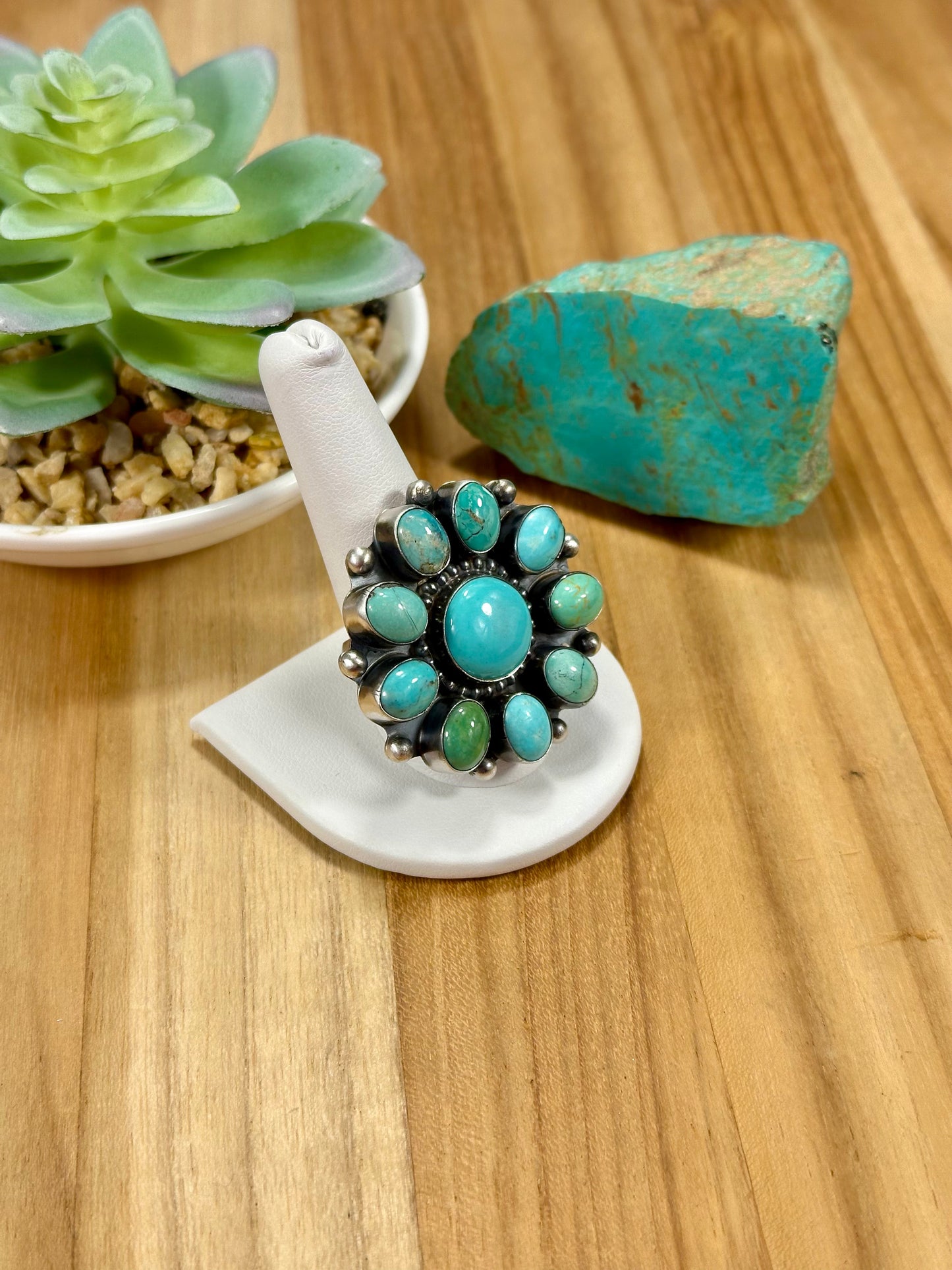 Kingman Turquoise Floral Cluster Sterling Silver Ring