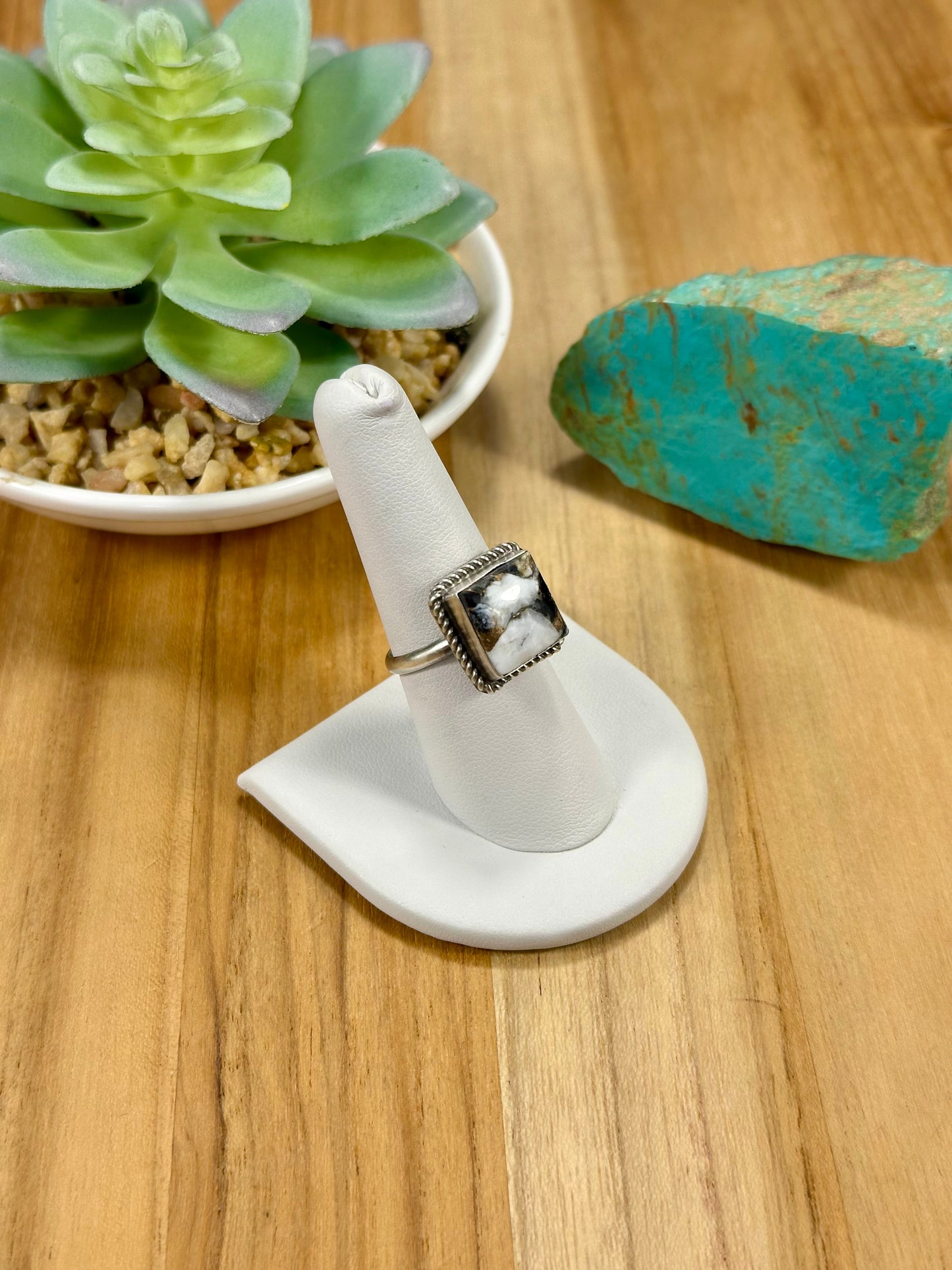 Crushed White Buffalo Square Sterling Silver Ring