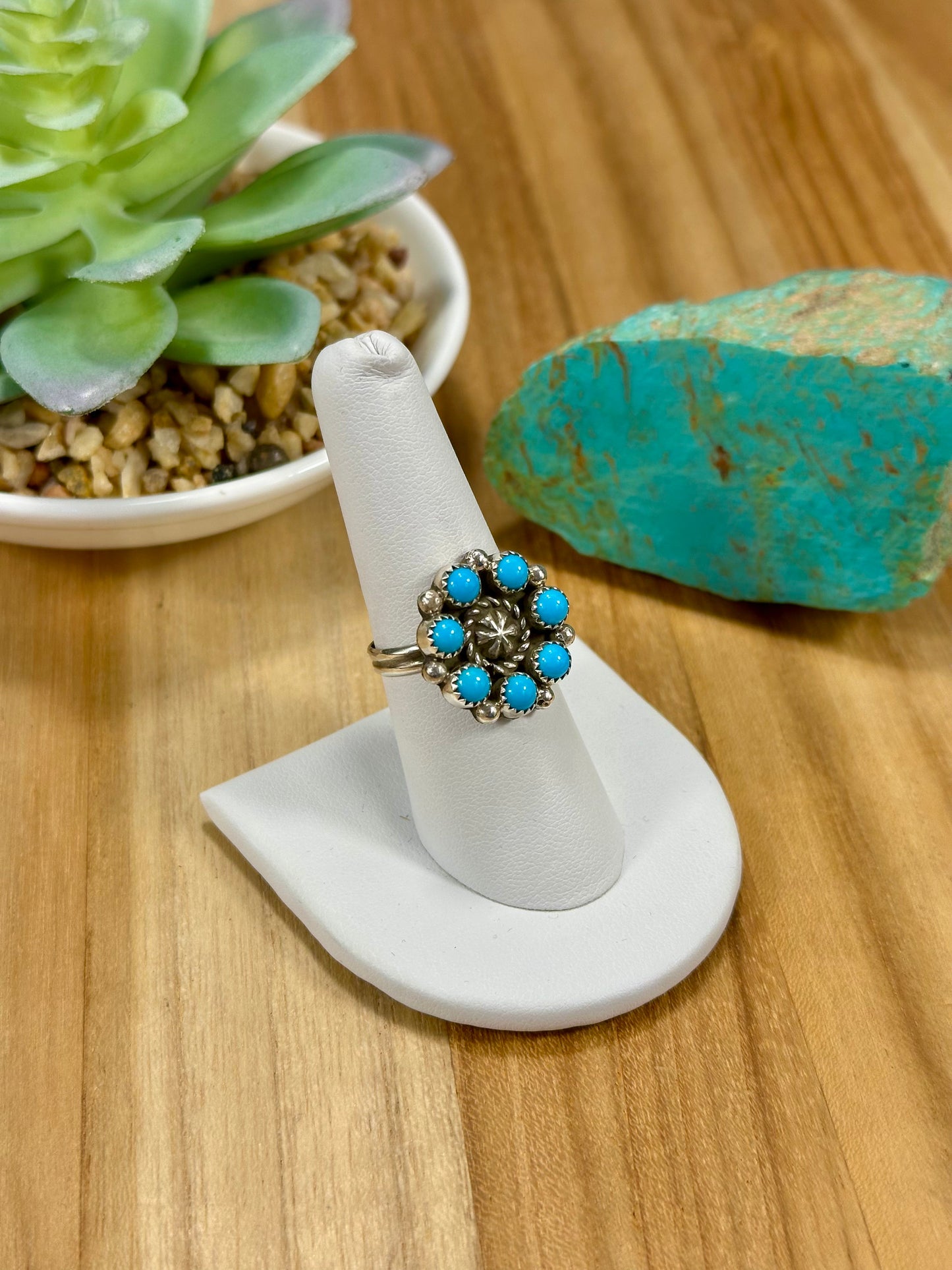 Kingman Turquoise Floral Cluster Sterling Silver Ring