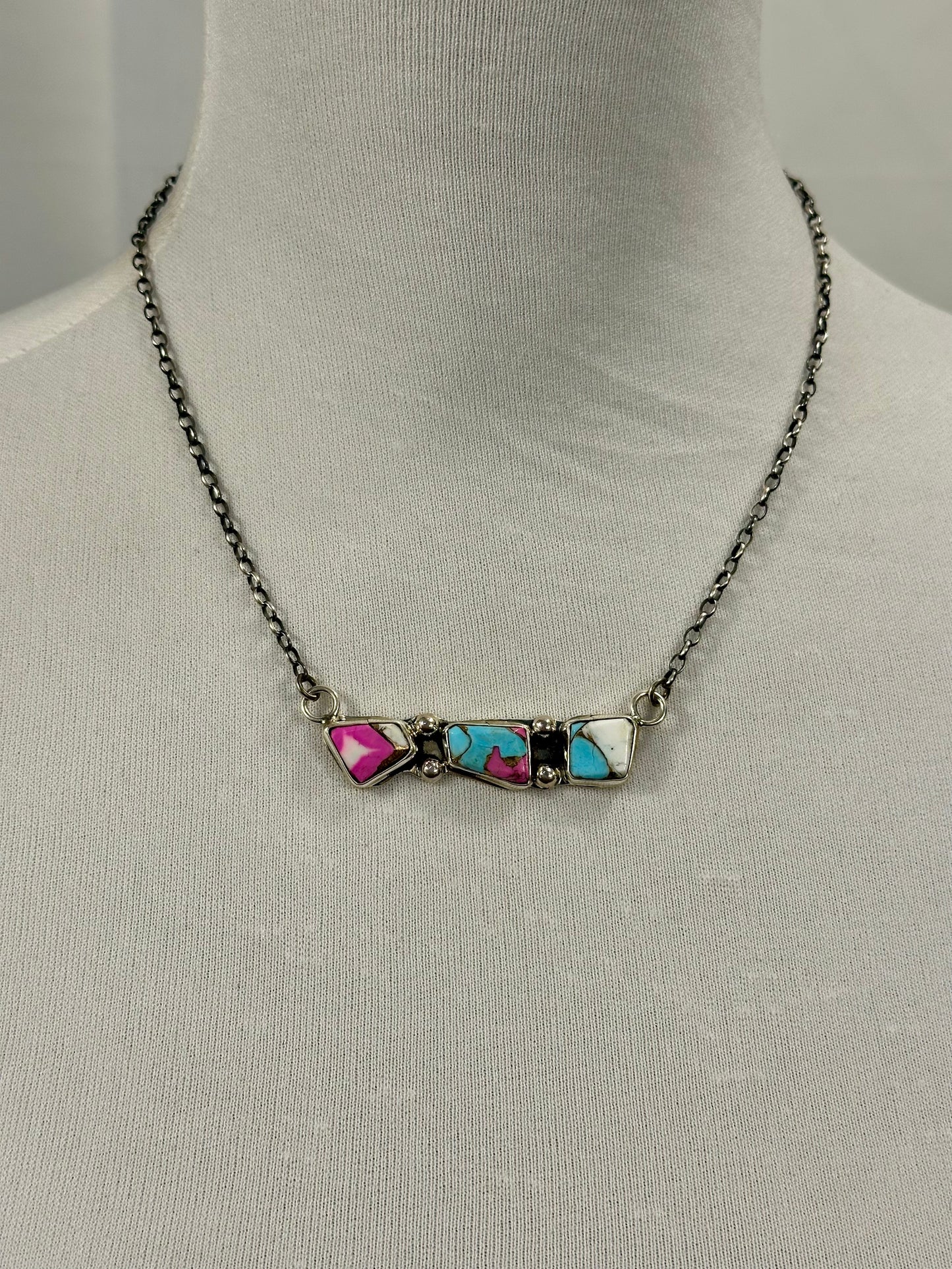 Cotton Candy 3 Stone Bar Sterling Silver Necklace