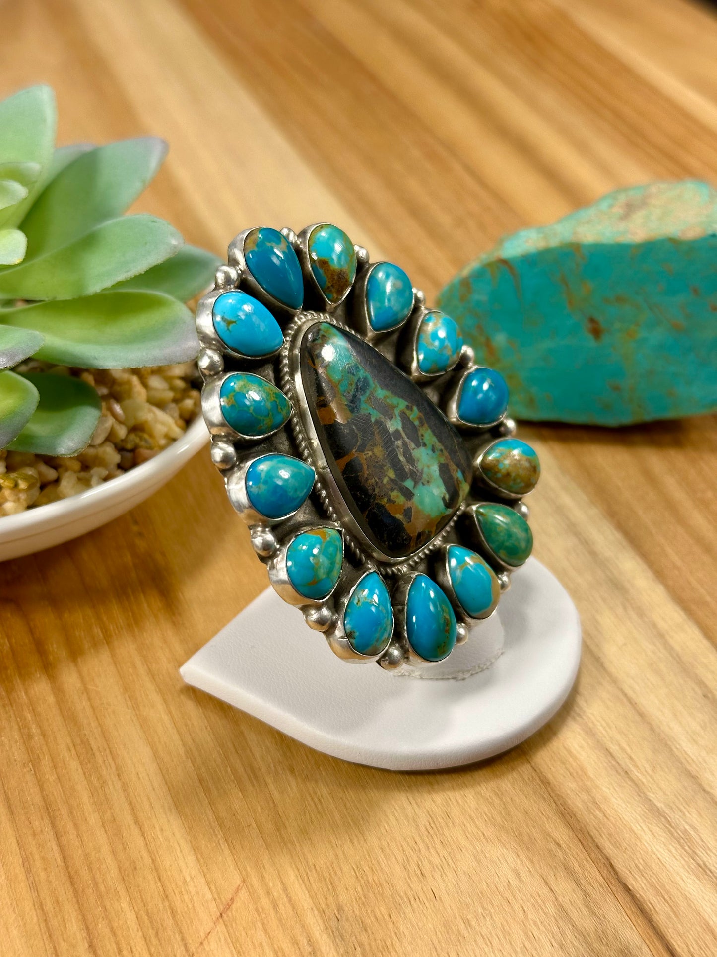 Black Jack & Kingman Turquoise Floral Cluster Ring