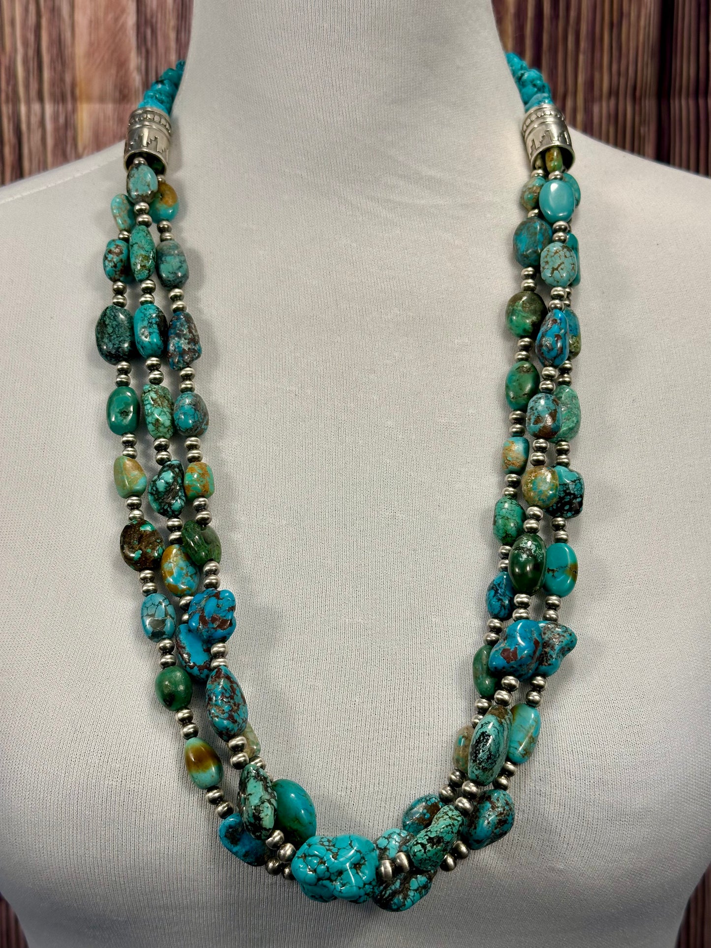 Kingman Turquoise 3 Strand Sterling Pearl Necklace