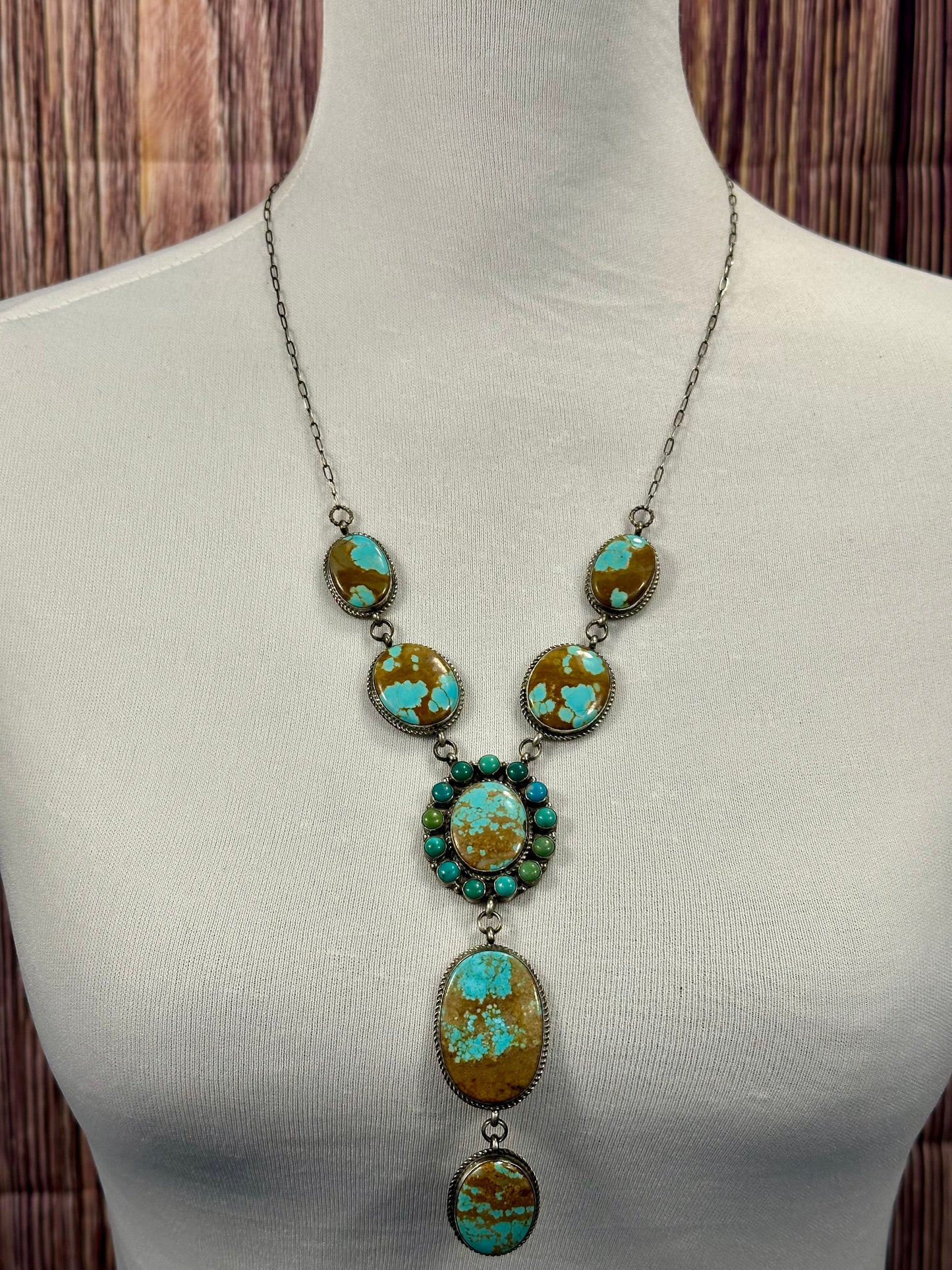 #8 Turquoise Cluster Lariat Sterling Silver Necklace