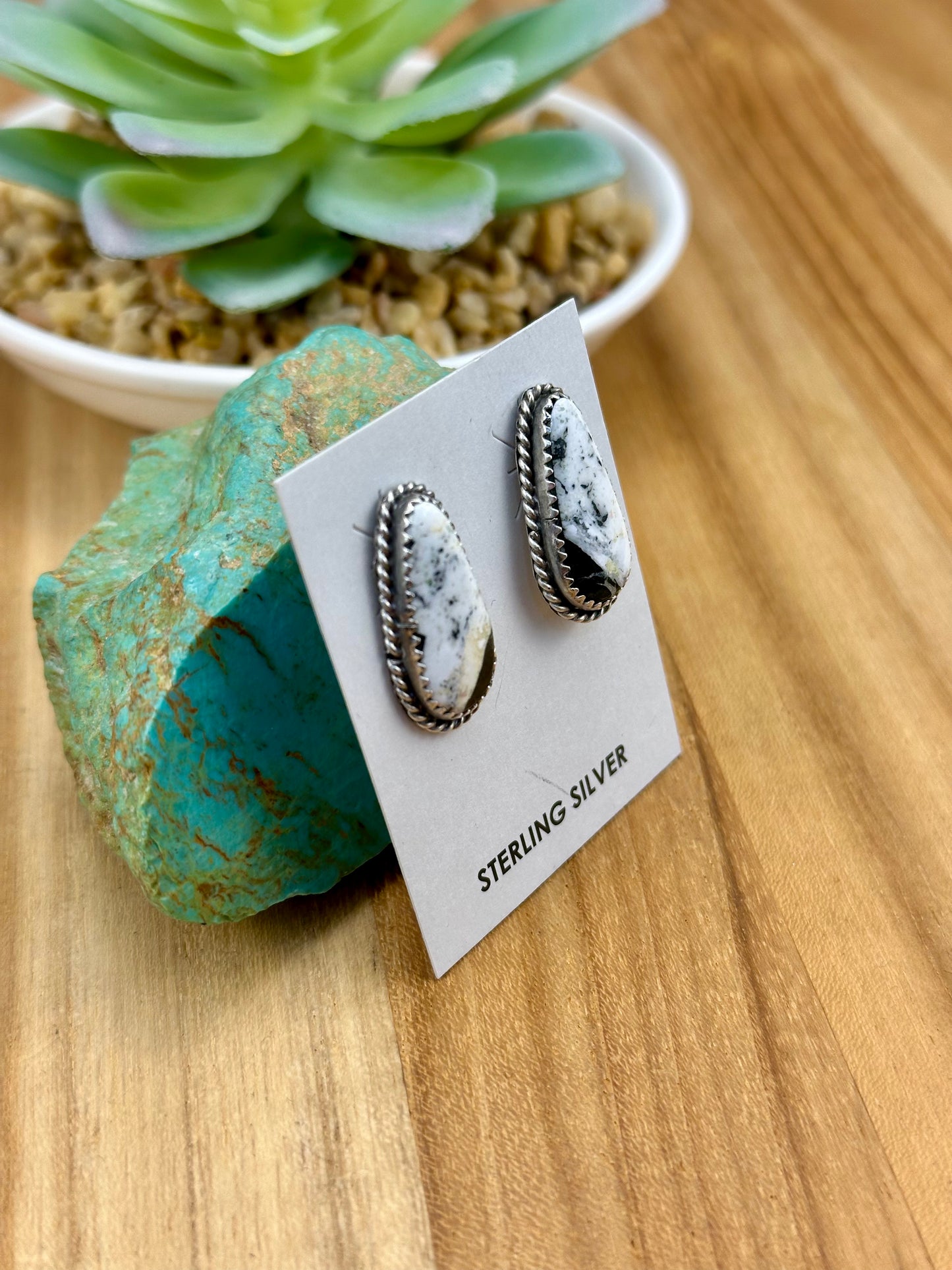 White Buffalo Teardrop Sterling Silver Stud Earrings