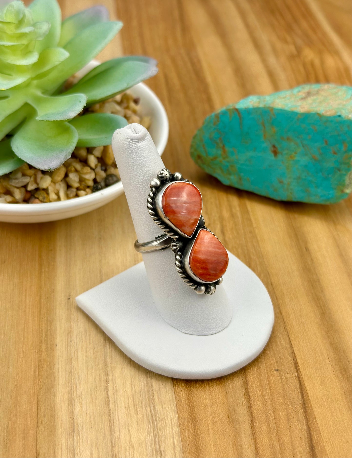 Red Spiny 2 Stone Sterling Silver Ring