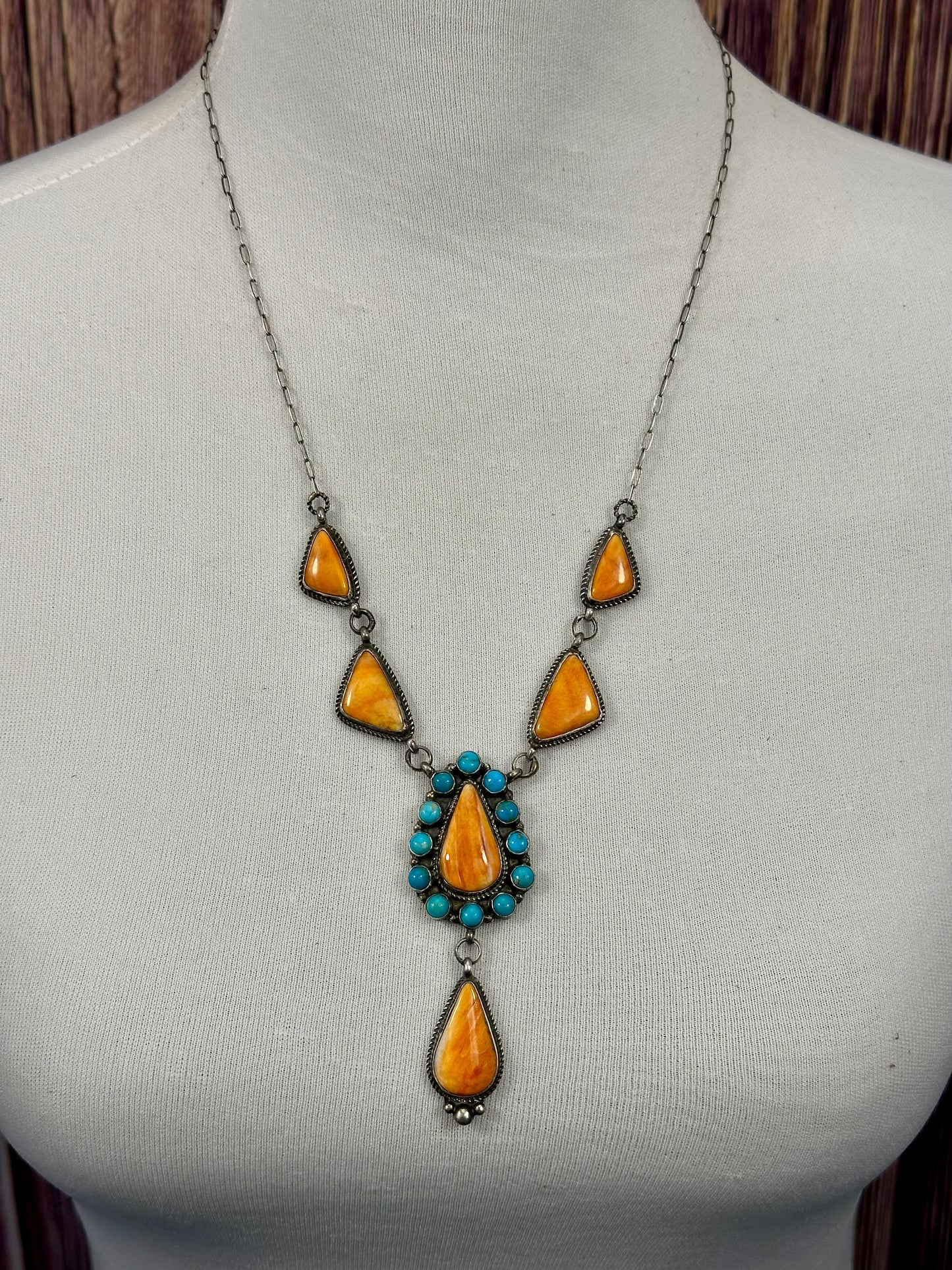 Orange Spiny and Kingman Turquoise Sterling Lariat