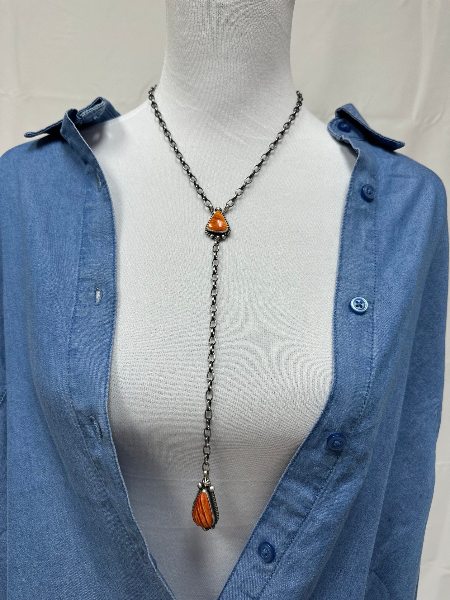 Orange Spiny 2 Stone Sterling Silver Necklace
