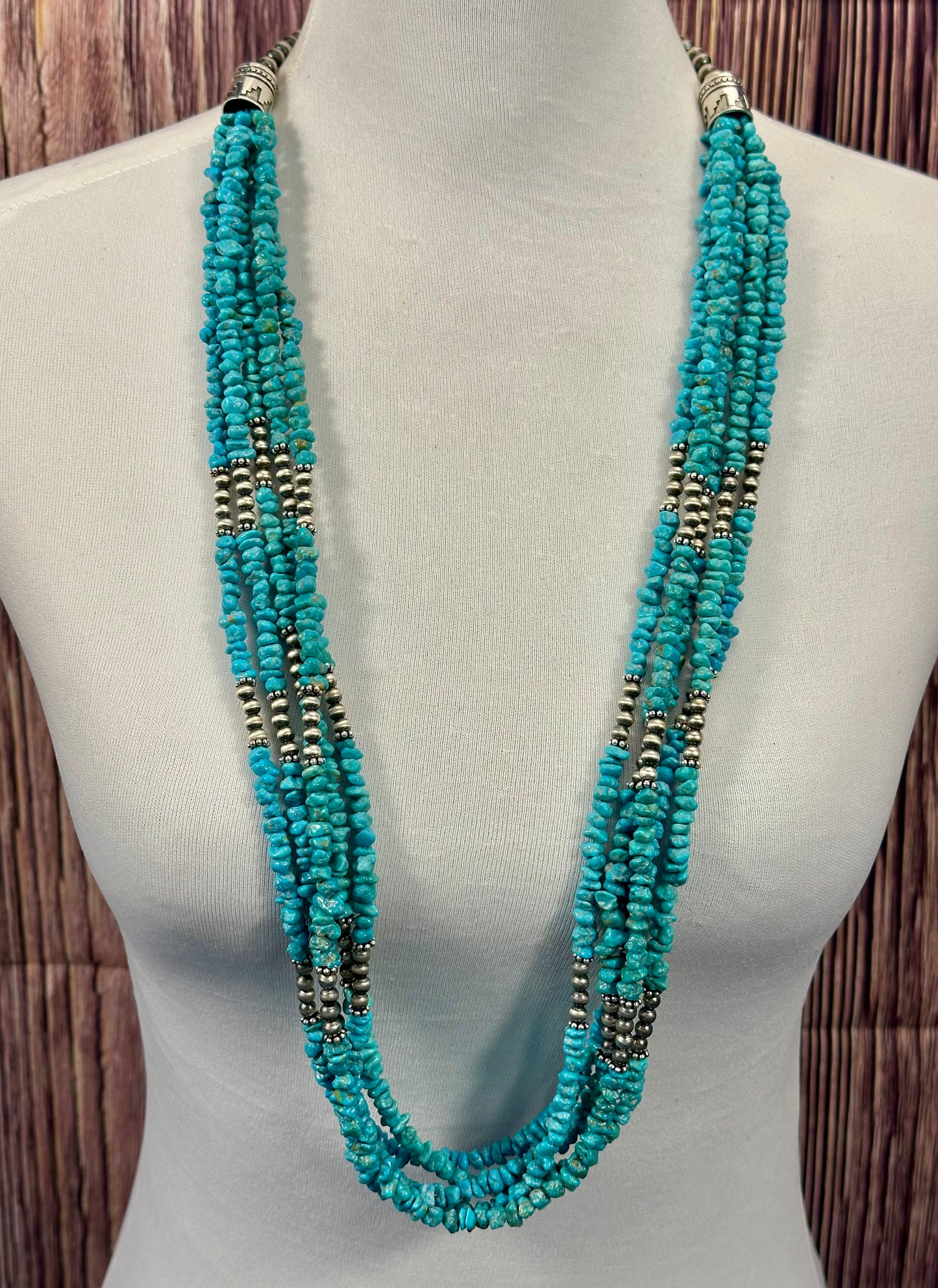 Kingman Turquoise Chip & Sterling Pearl Necklace