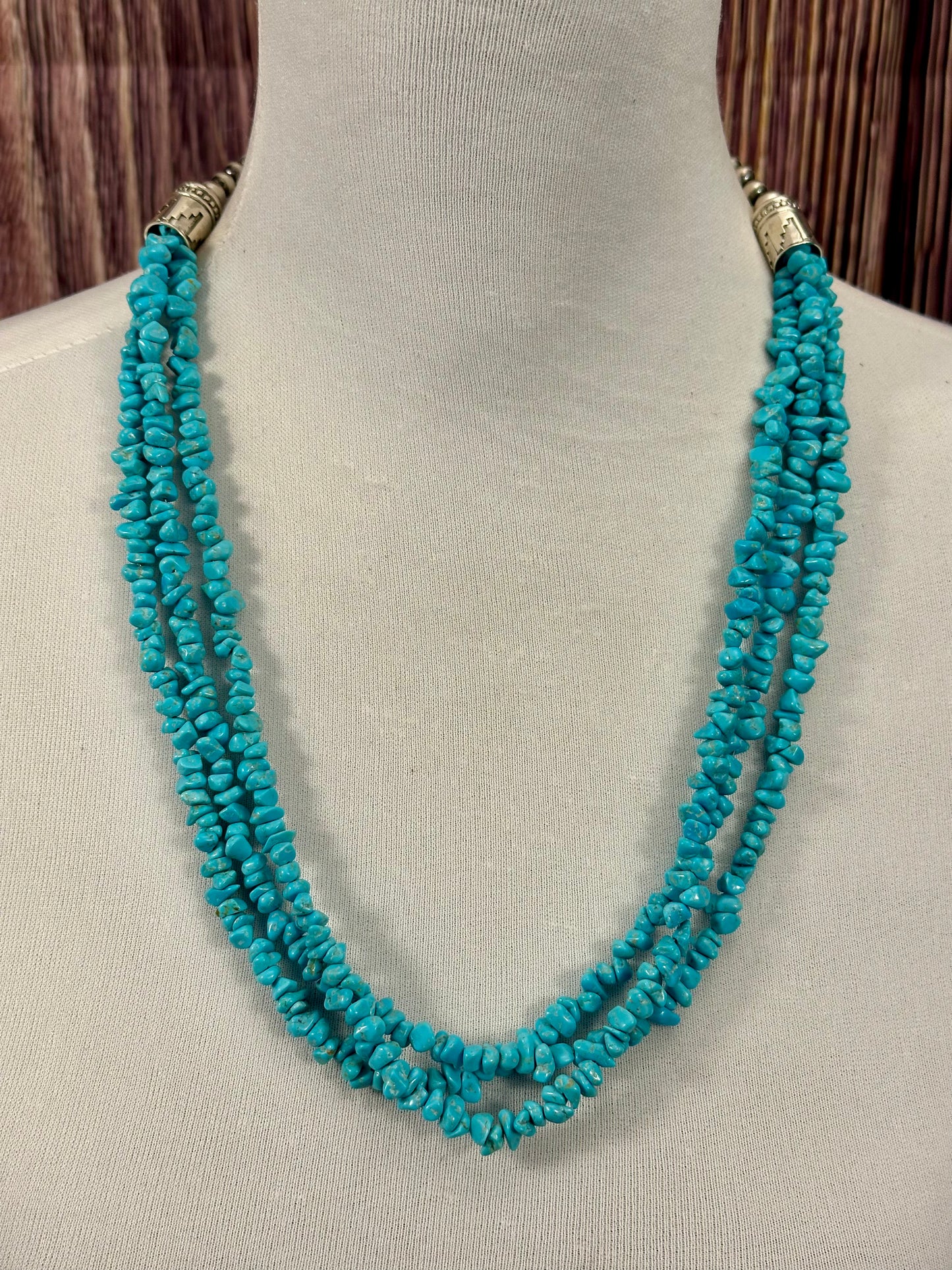 Kingman Turquoise 3 Strand Chip & Sterling Pearl Necklace