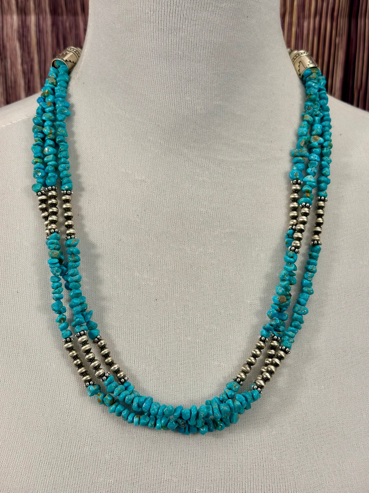 Kingman Turquoise 3 Strand Chip & Sterling Pearl Necklace
