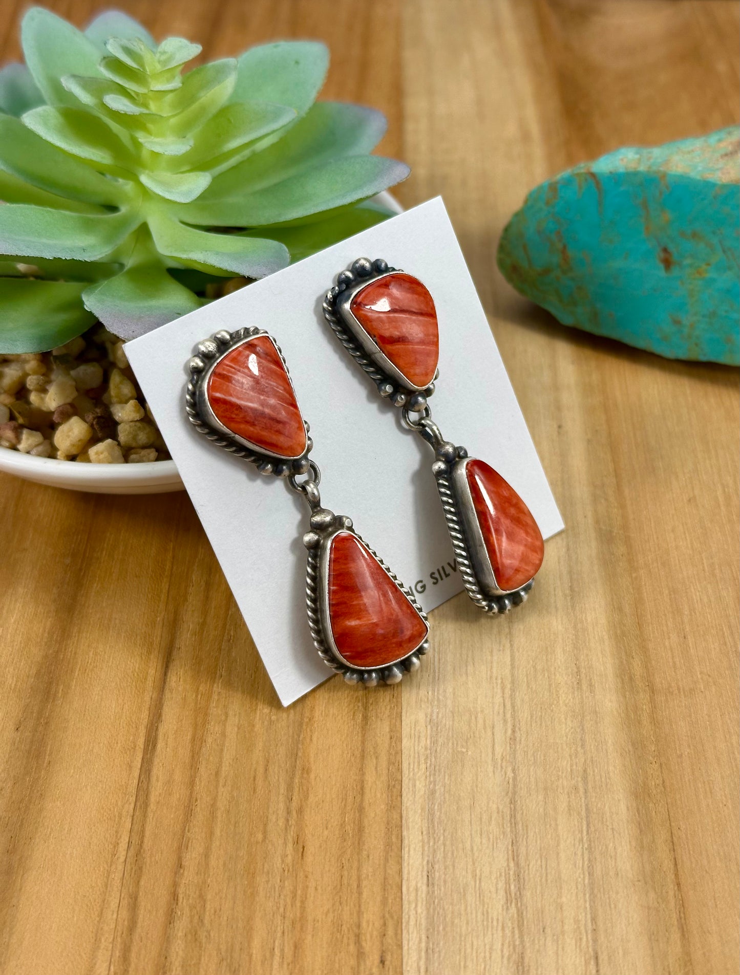 Red Spiny 2 Stone Dangle Earrings