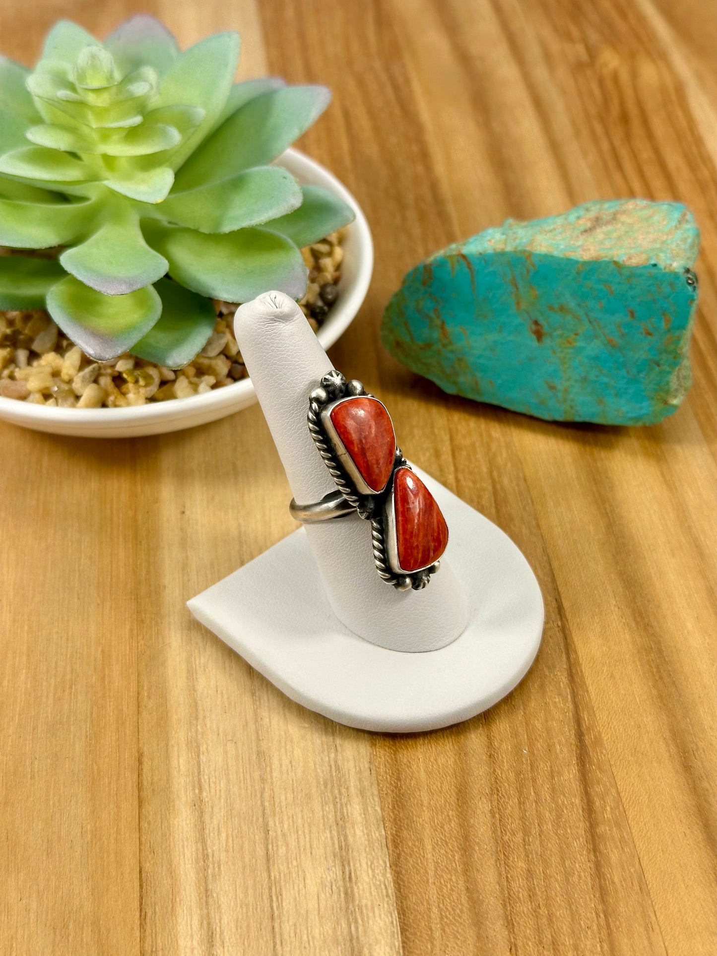 Red Spiny 2 Stone Sterling Ring