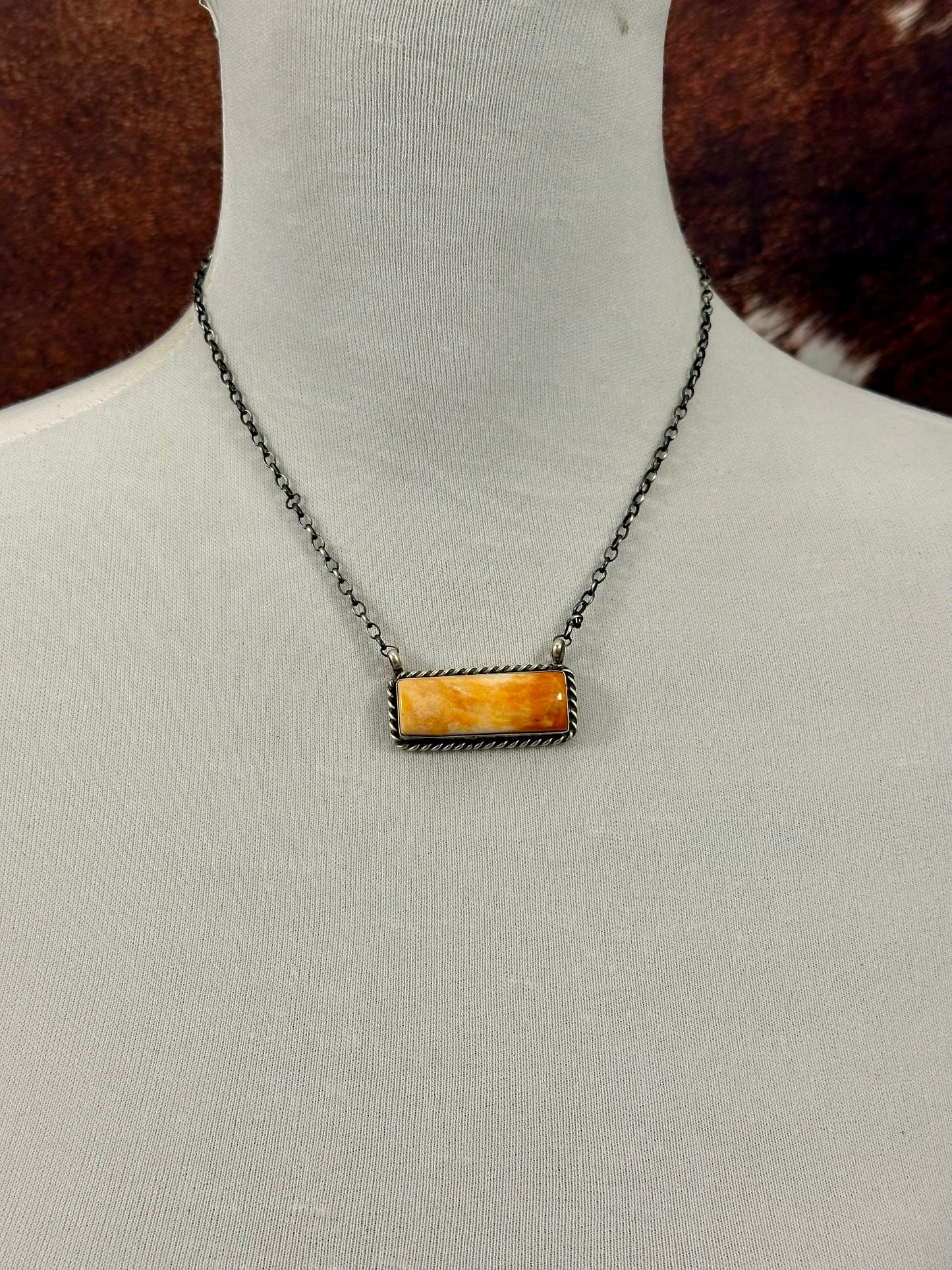 Orange Spiny Bar Sterling Necklace