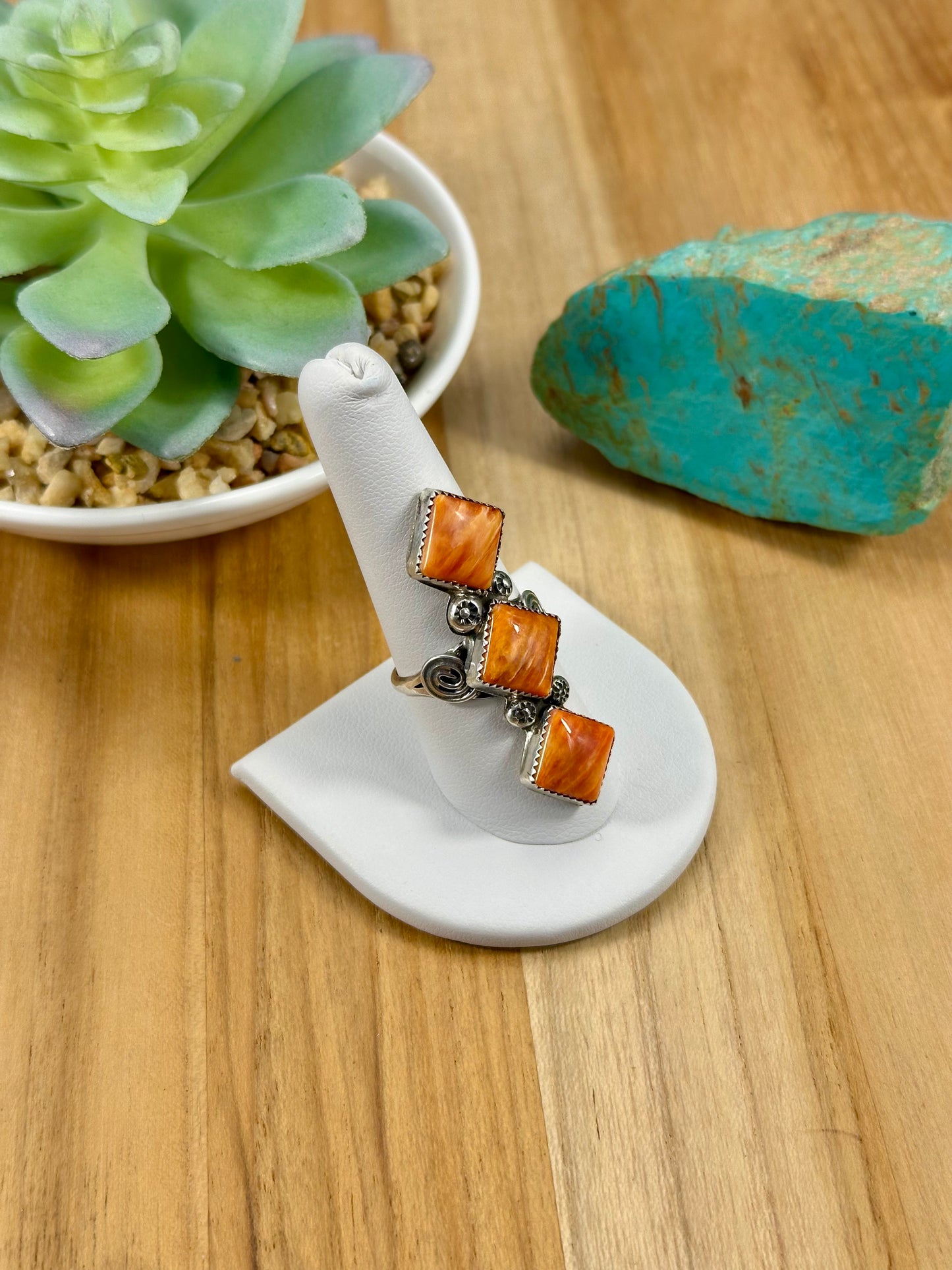 Orange Spiny 3 Stone Sterling Ring