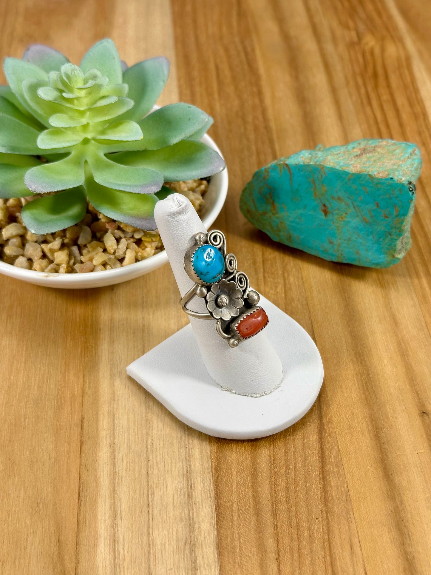 Kingman Turquoise & Coral Sterling Ring