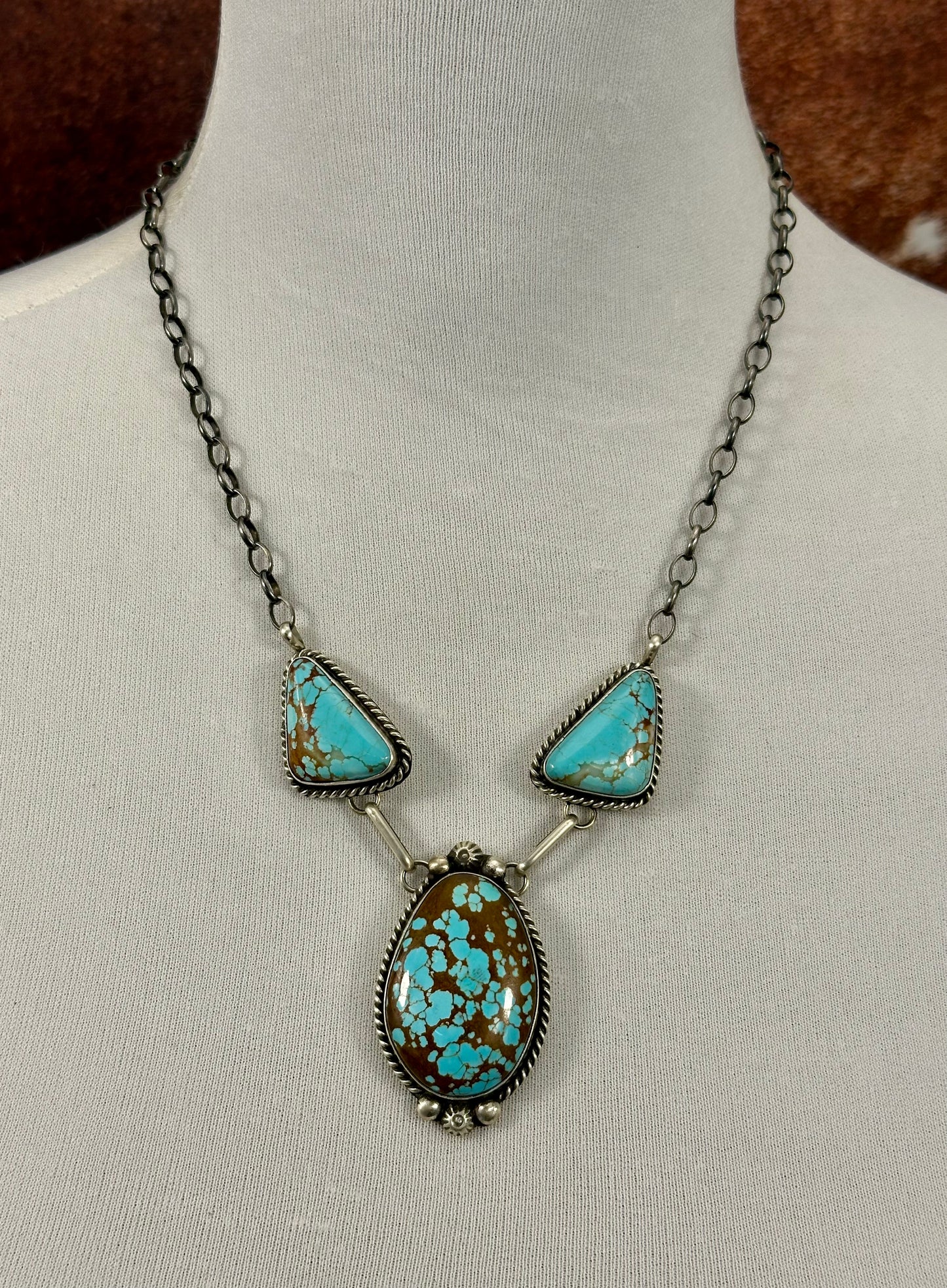 Kingman Turquoise 3 Stone Sterling Necklace