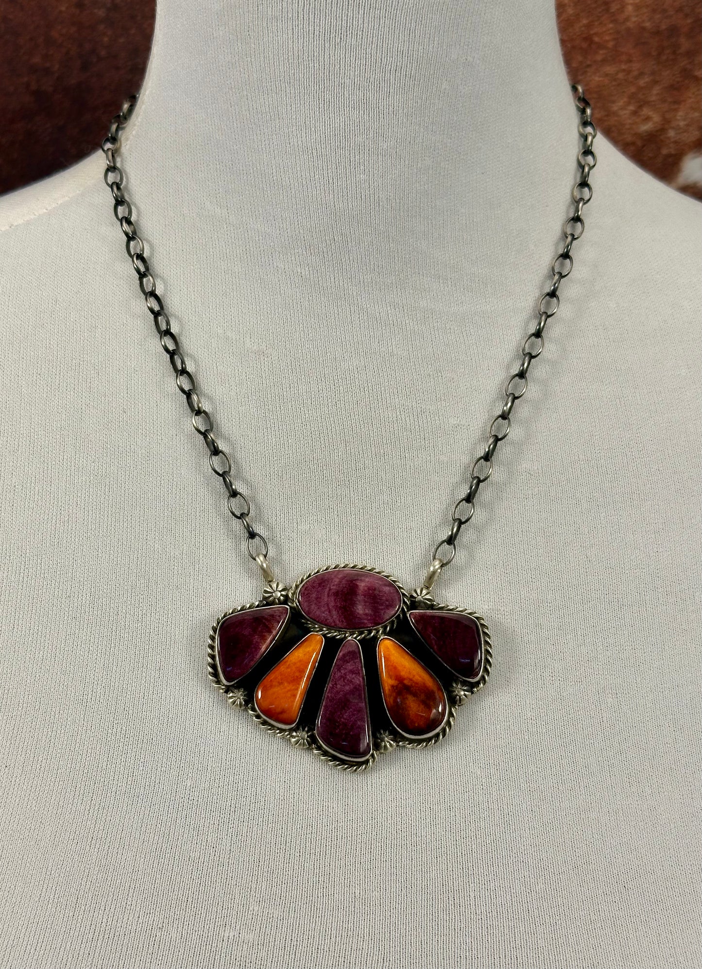 Purple & Orange Spiny Sterling Cluster Necklace