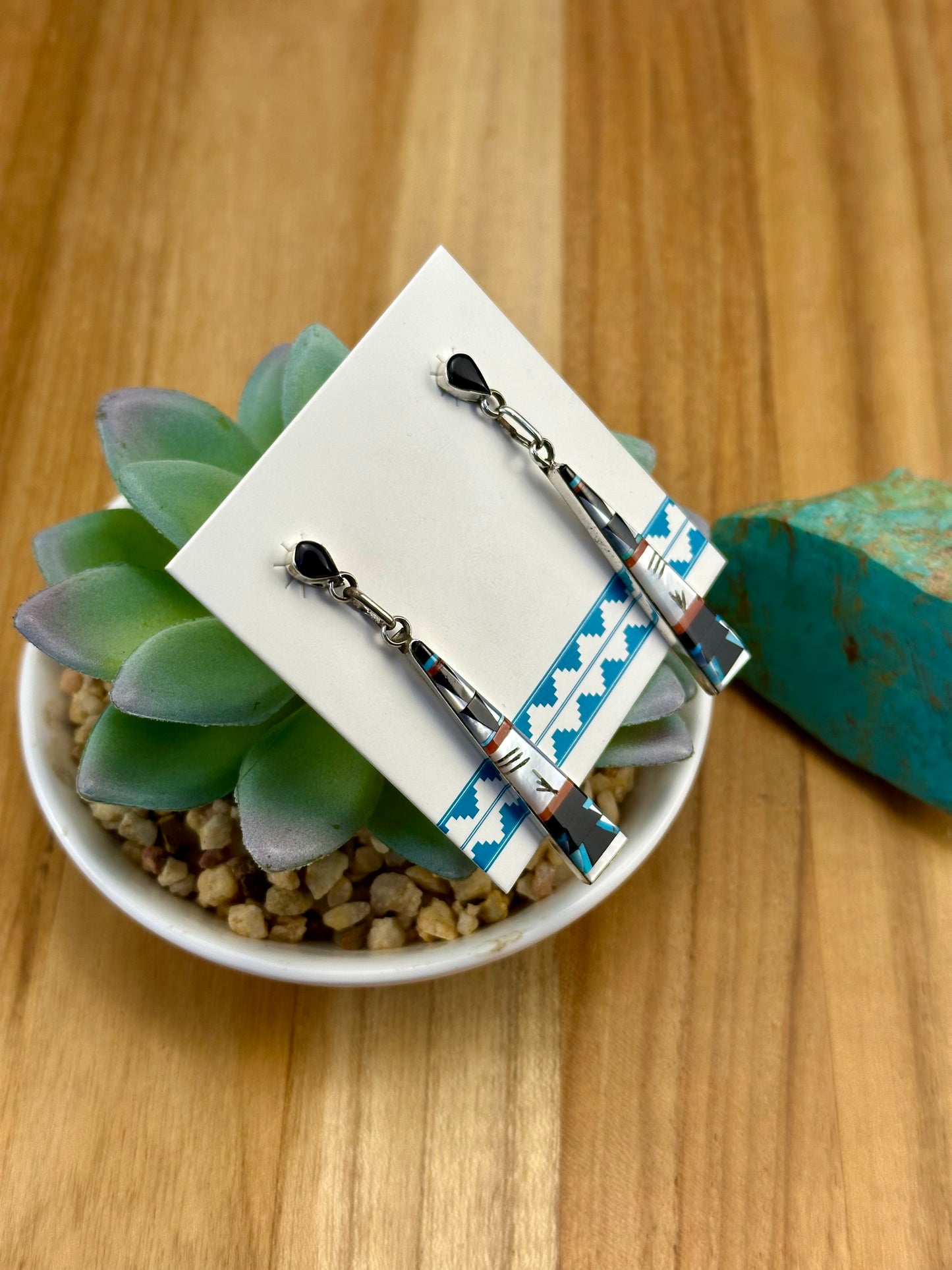 Multi Color Stone Inlay Dangle Earrings