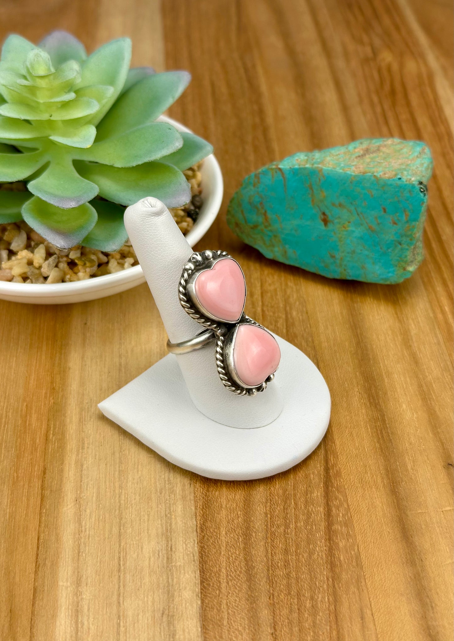 Pink Conch Heart 2 Stone Sterling Ring