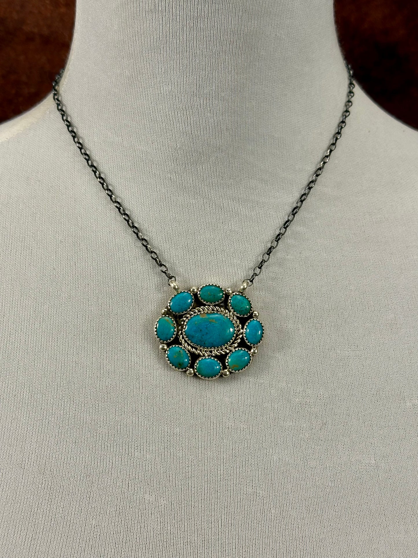 Kingman Turquoise Sterling Cluster Necklace