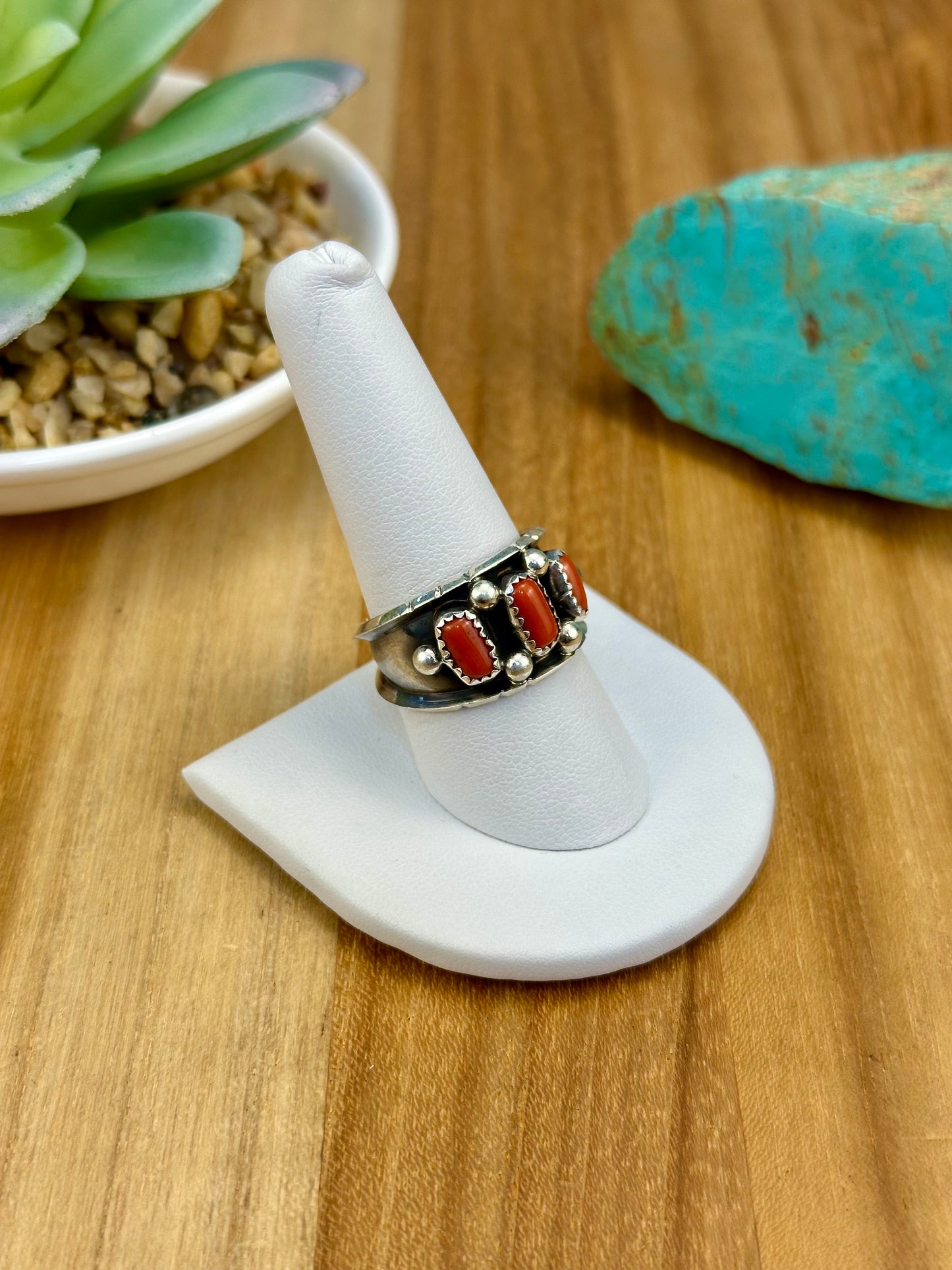 Coral 3 Stone Sterling Ring
