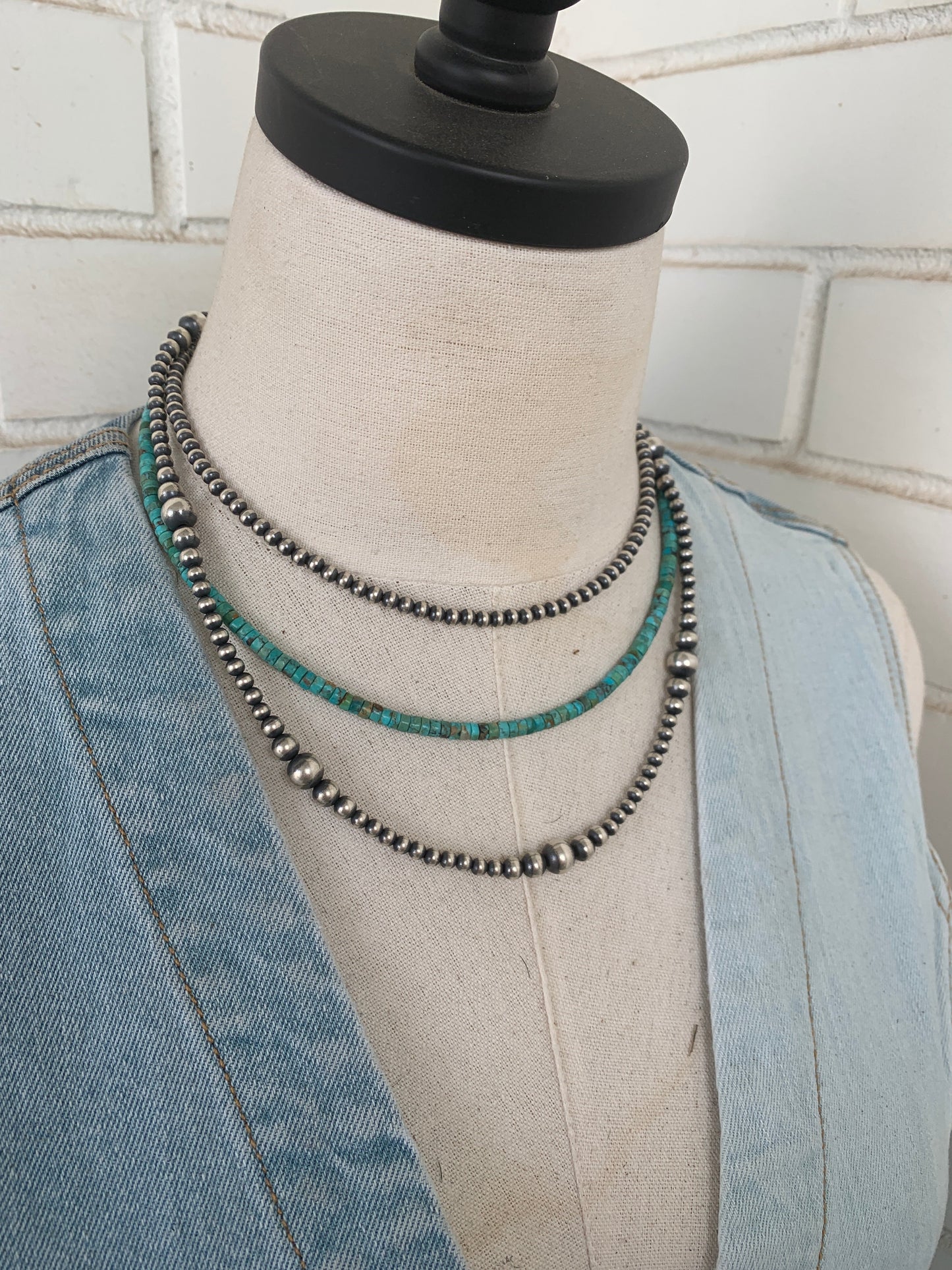 Navajo Style Beads and Kingman Turquoise 3 Strand Necklace