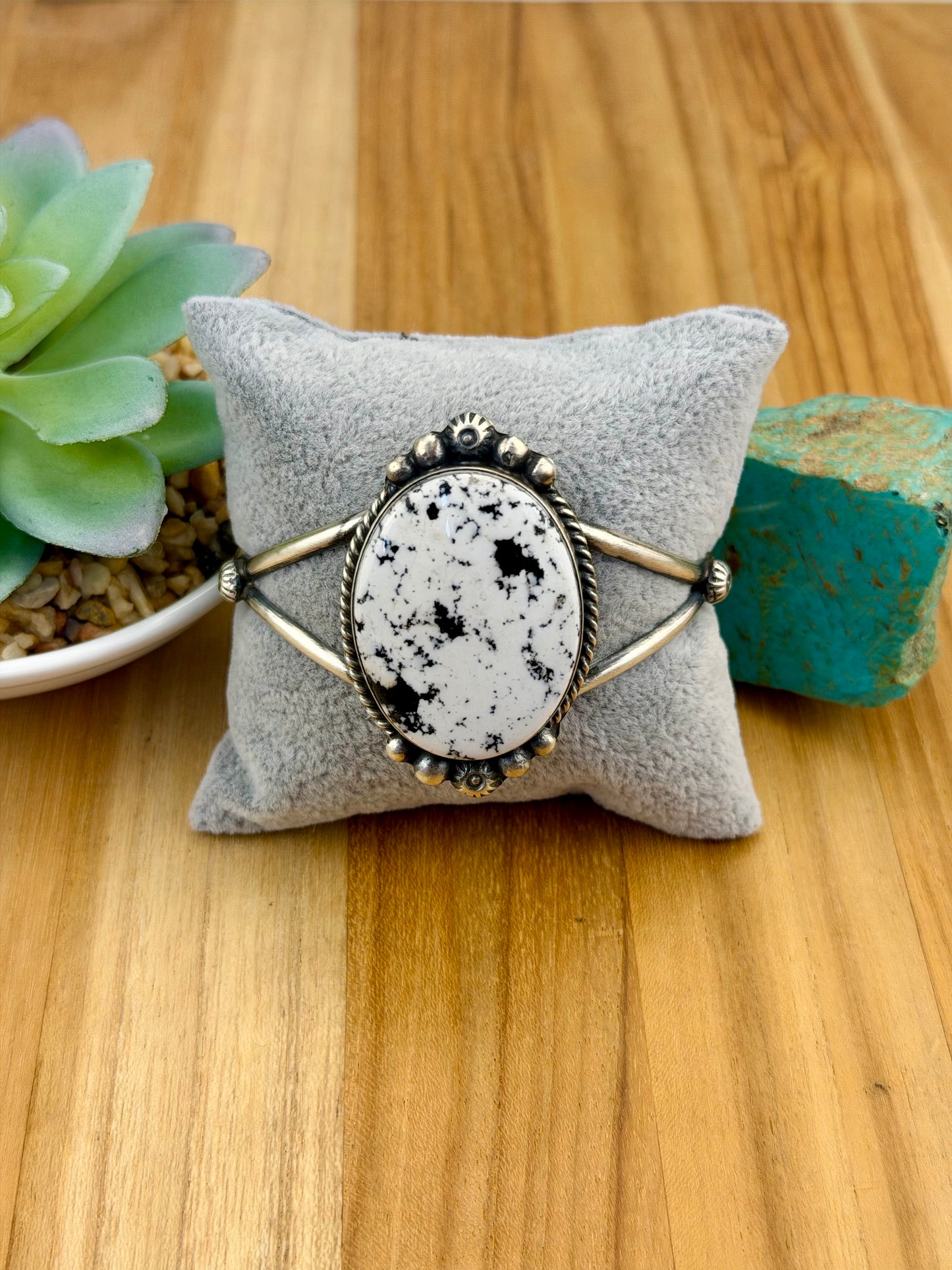 White Buffalo Oval Sterling Silver Cuff
