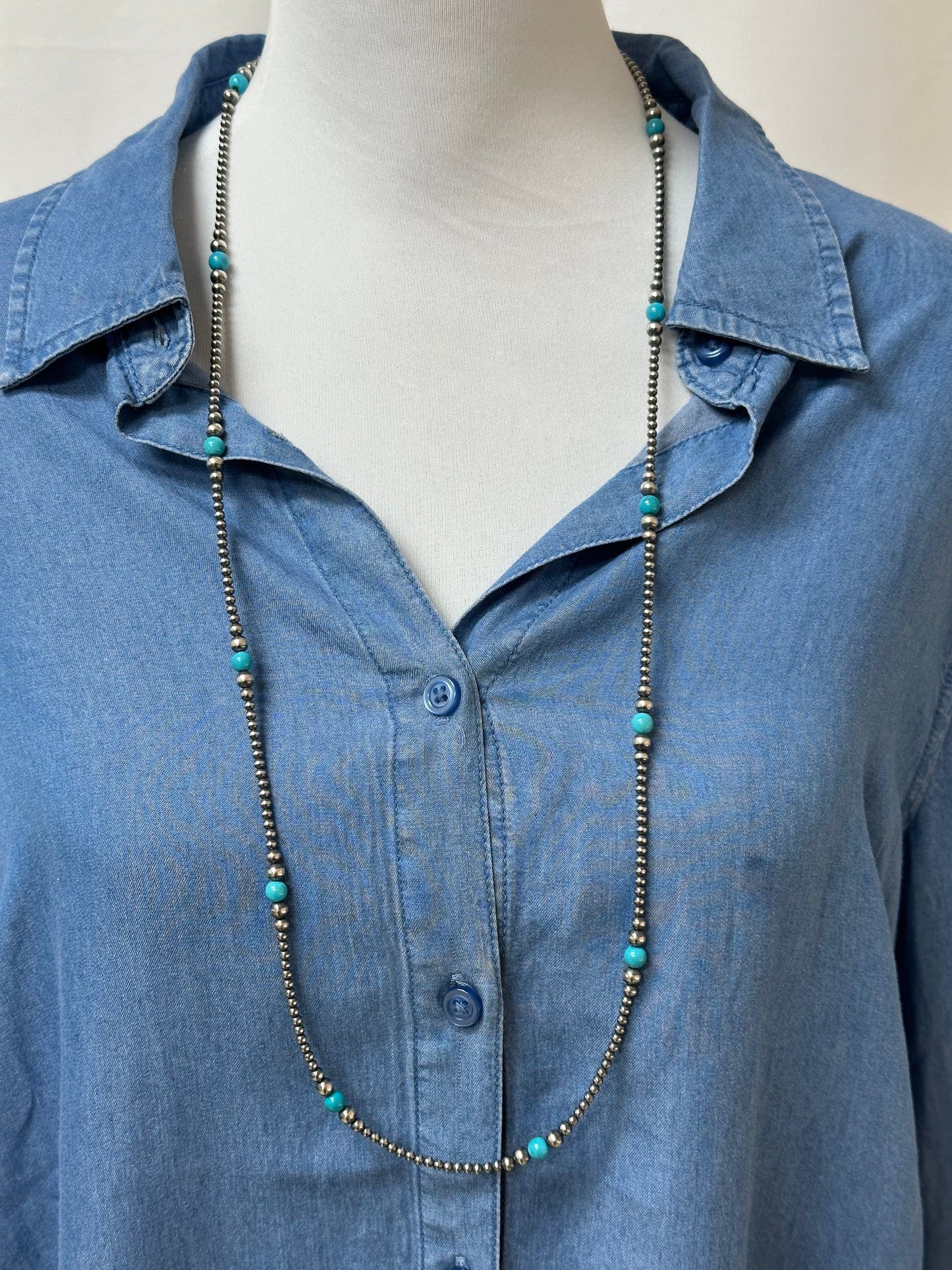 36" Navajo Style Pearl and Turquoise Necklace