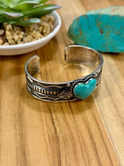 Kingman Turquoise Heart Sterling Silver Cuff Bracelet