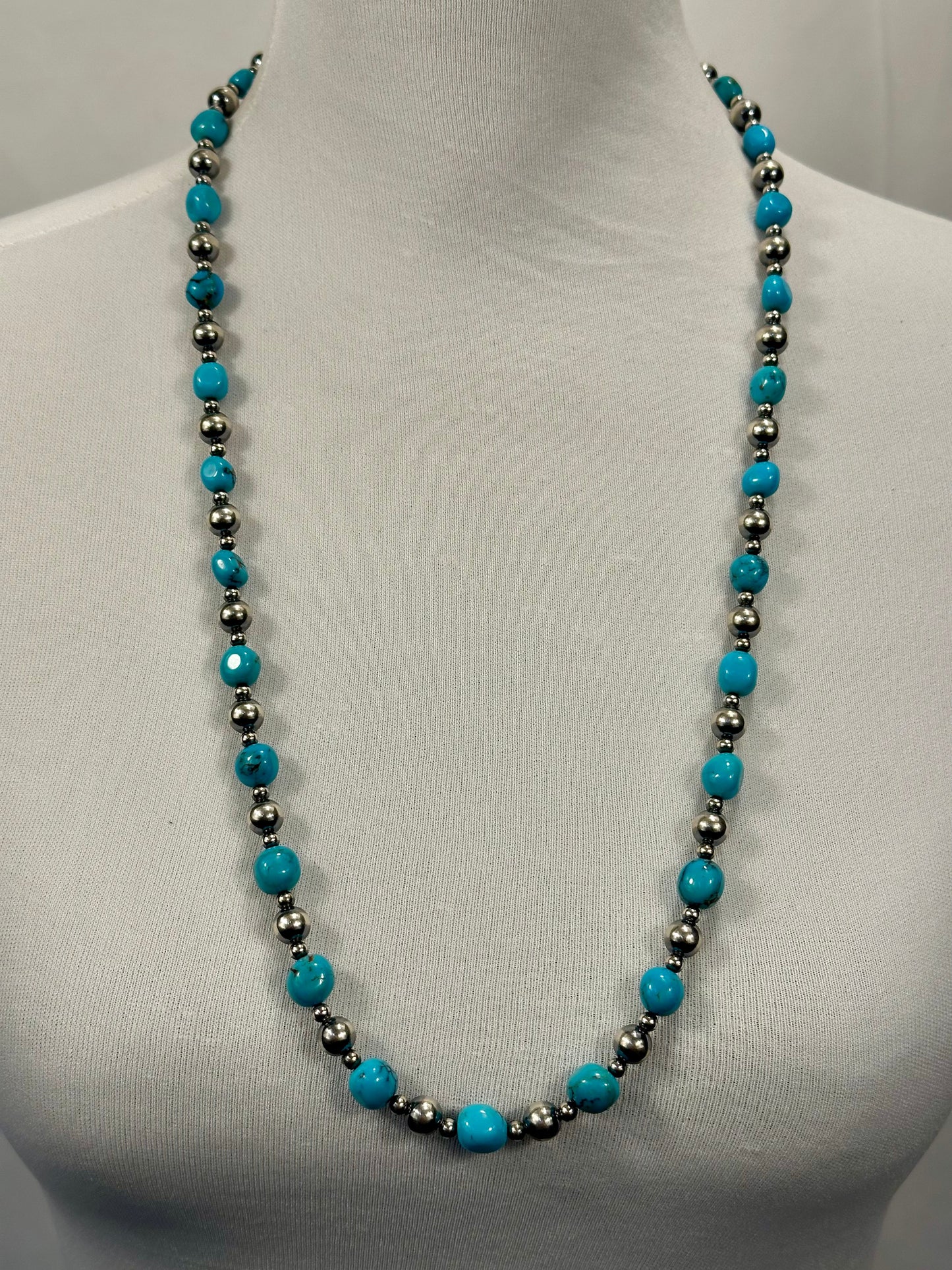 Sterling Silver Pearl & Turquoise Bead Necklace
