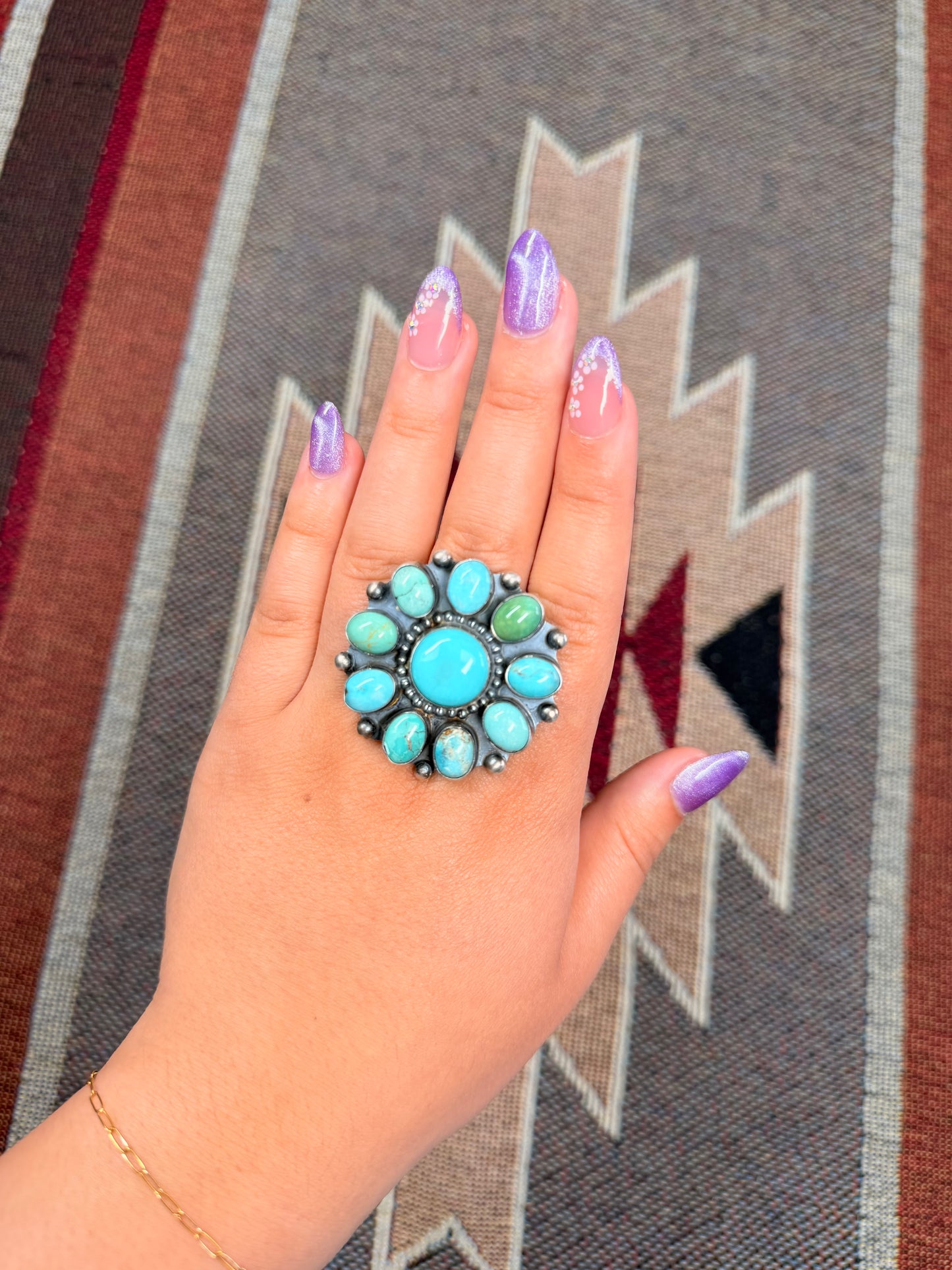 Kingman Turquoise Floral Cluster Sterling Silver Ring