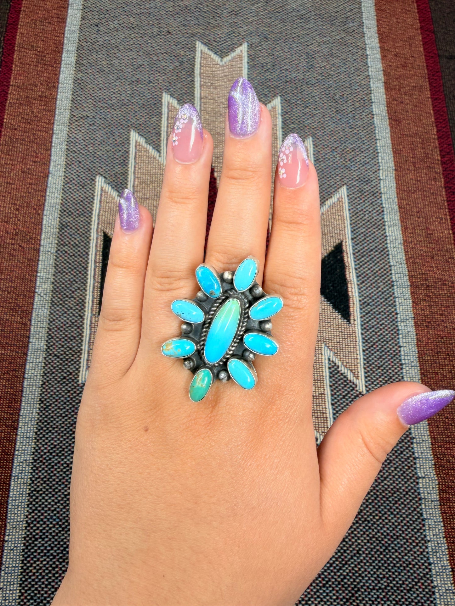 Kingman Turquoise Floral Cluster Sterling Silver Ring