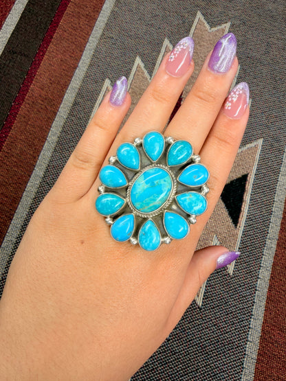 Kingman Turquoise Floral Cluster Sterling Silver Ring