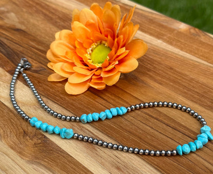 Navajo Style Pearls and Turquoise Chip Necklace