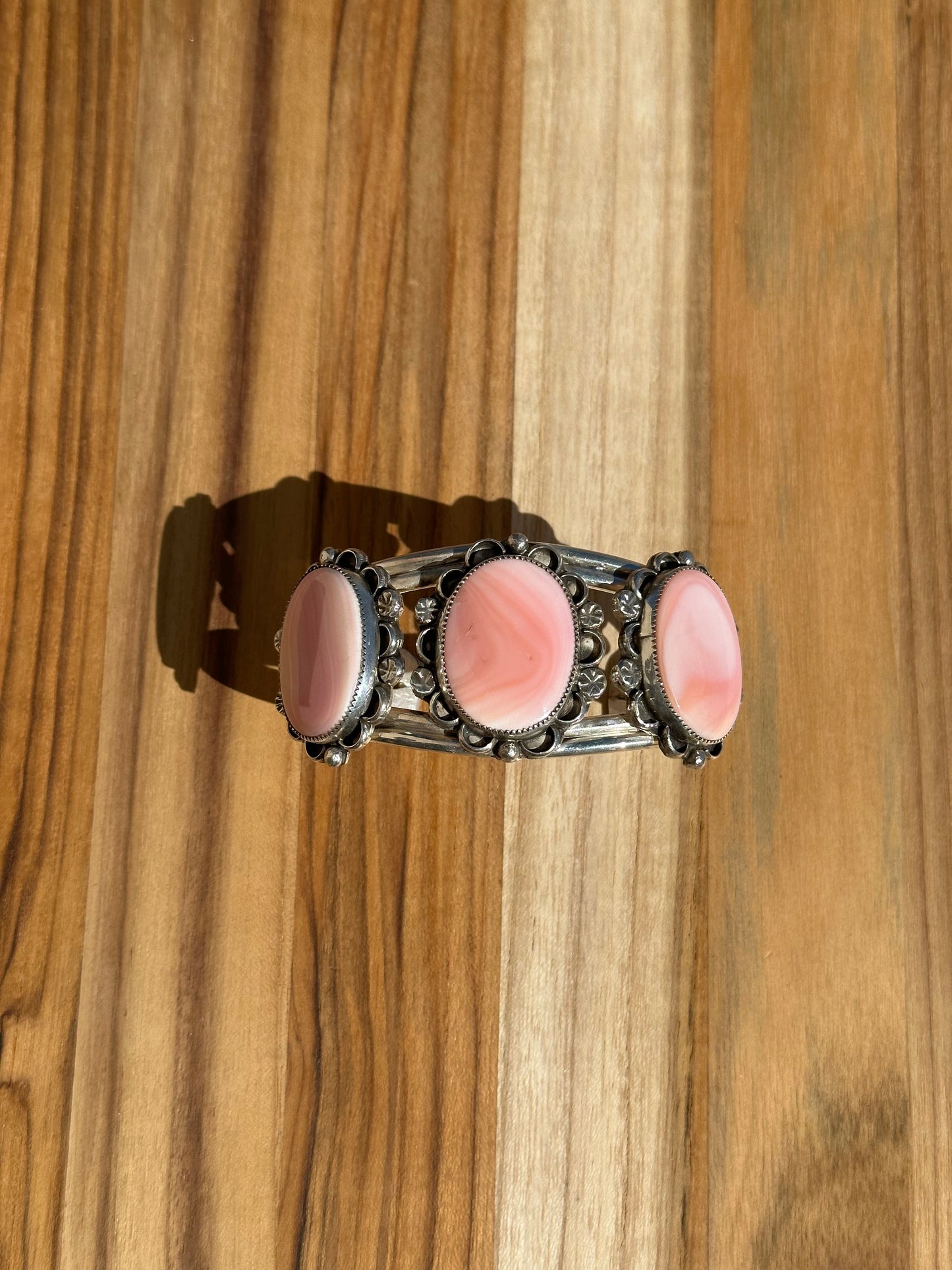 Pink Conch 3 Stone Cuff Bracelet