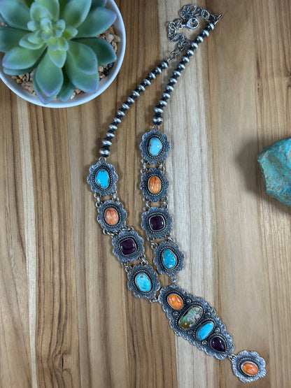 Multi Stone Cluster Sterling Silver Lariat Necklace