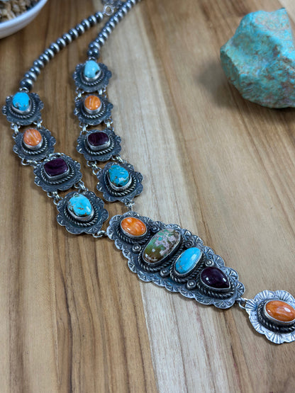 Multi Stone Cluster Sterling Silver Lariat Necklace