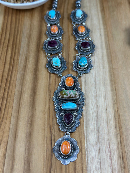 Multi Stone Cluster Sterling Silver Lariat Necklace