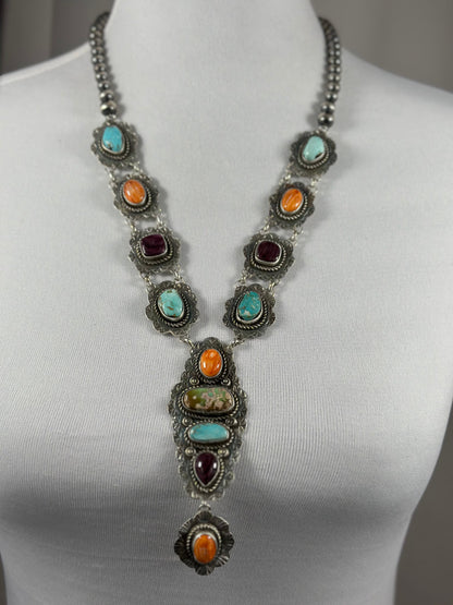 Multi Stone Cluster Sterling Silver Lariat Necklace