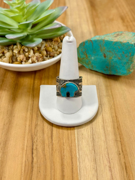 Kingman Turquoise Bear Sterling Silver Ring