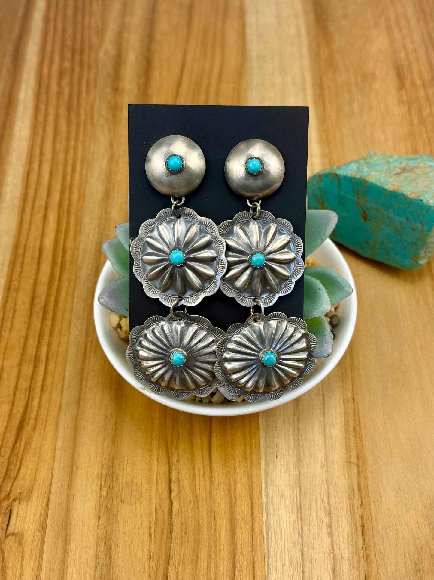 Kingman Turquoise Sterling Concho Earrings