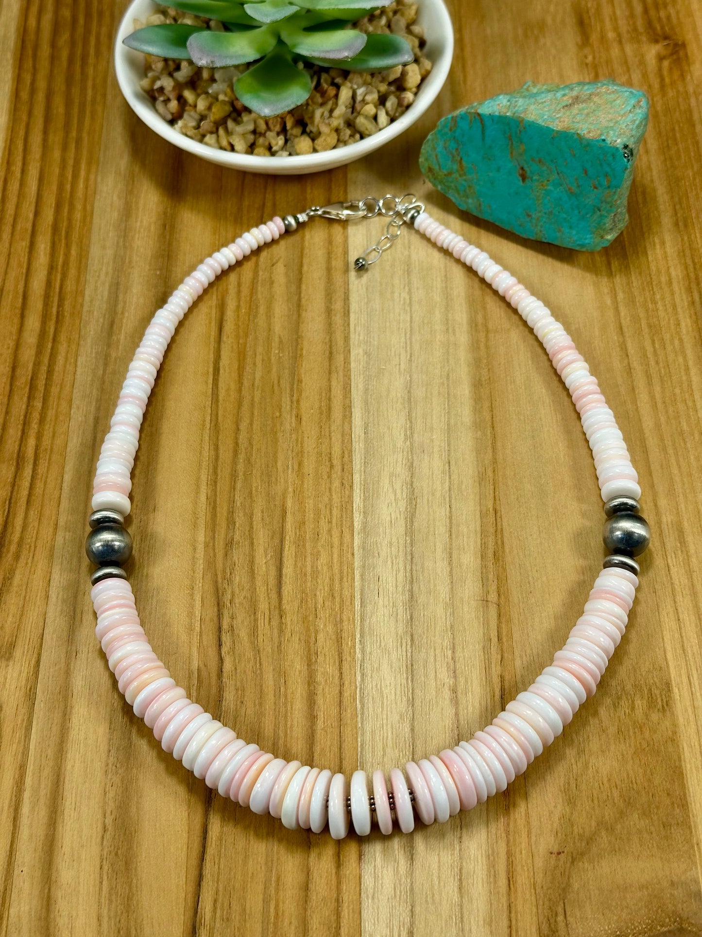 Pink Conch Disc & Sterling Silver Pearl Necklace