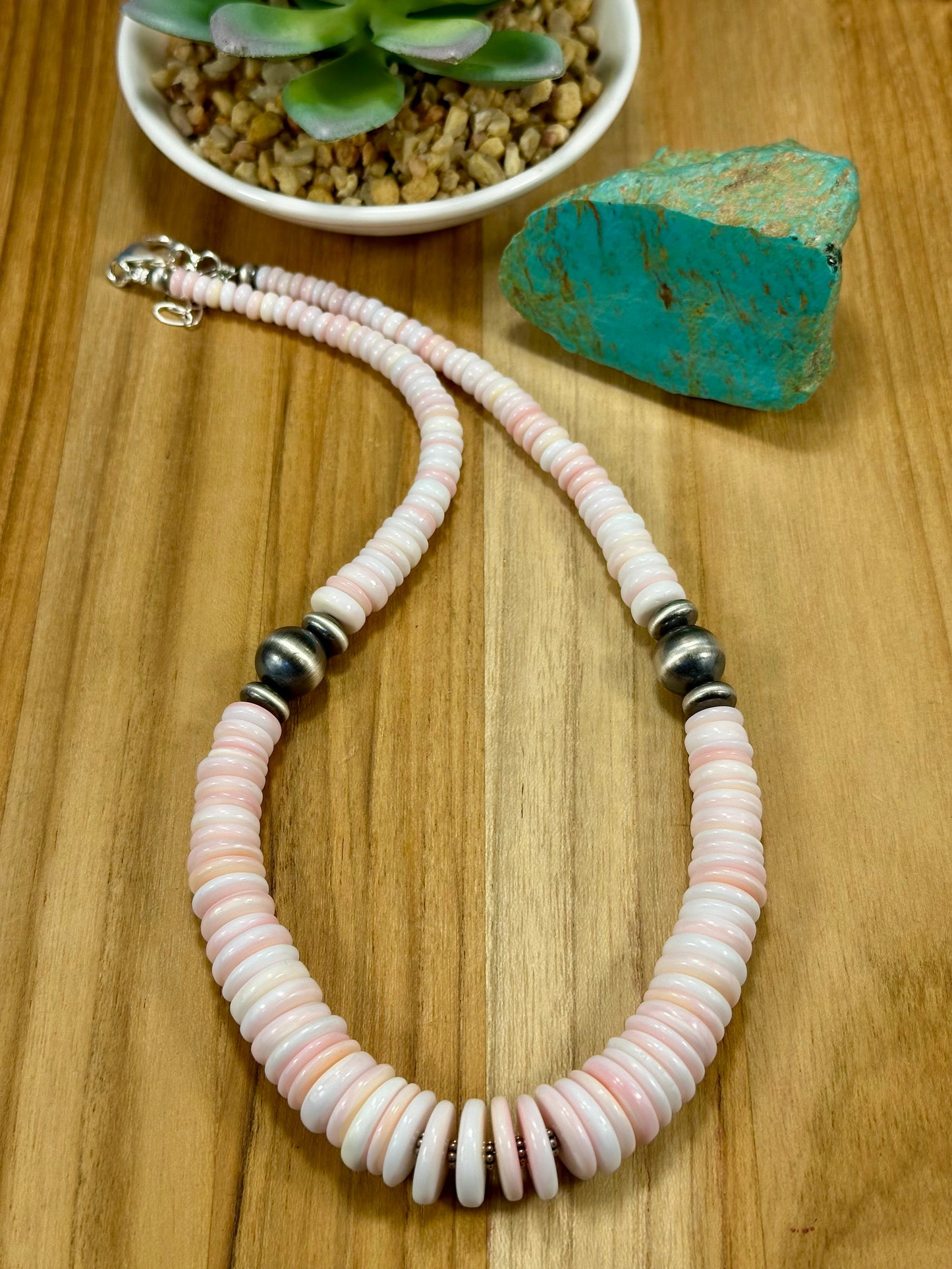 Pink Conch Disc & Sterling Silver Pearl Necklace