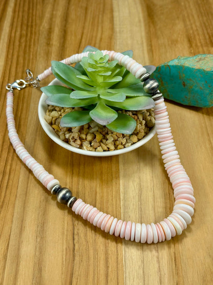Pink Conch Disc & Sterling Silver Pearl Necklace