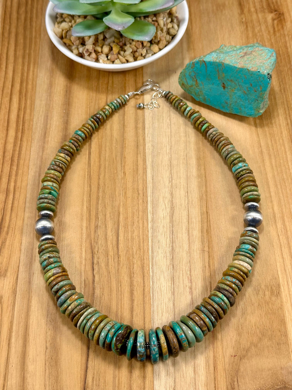 Kingman Turquoise Multi Color Disc & Sterling Silver Pearl Necklace